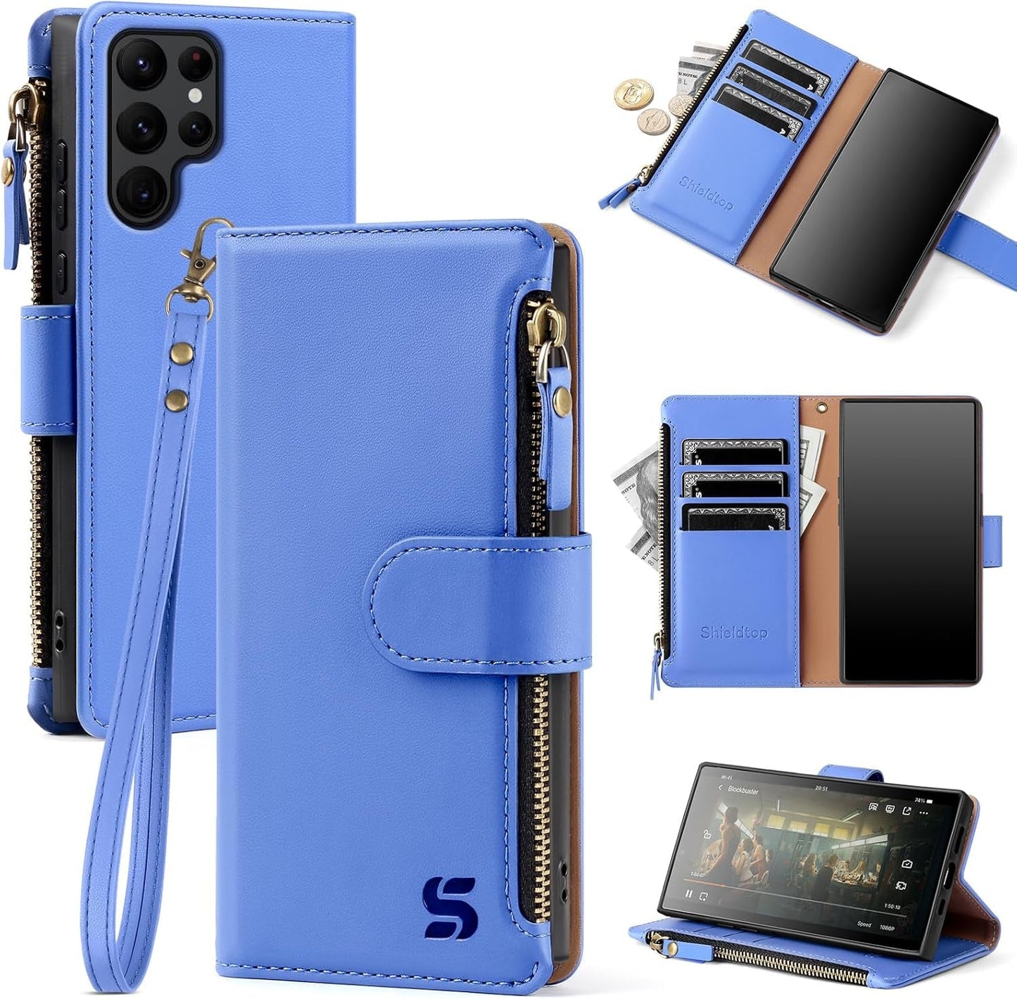 For Samsung Galaxy S22 Ultra 5G Wallet Case,Galaxy S22 Ultra Phone Case PU Leather Flip Folio Protective Cover Zipper Pocket Credit Card Slots Holder RFID Blocking,For Women Men,Wine Red