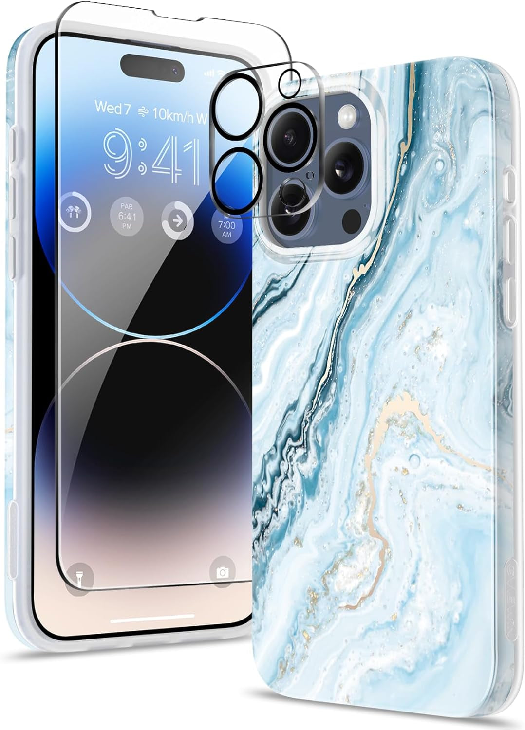 GVIEWIN for Iphone 15 Pro Case with Screen Protector+Camera Lens Protector, [Military Grade Drop Protection] Slim Marble Design Soft TPU Protective Phone Cover for 15 Pro 6.1" (Flowing Sand/Ink)  GVIEWIN   