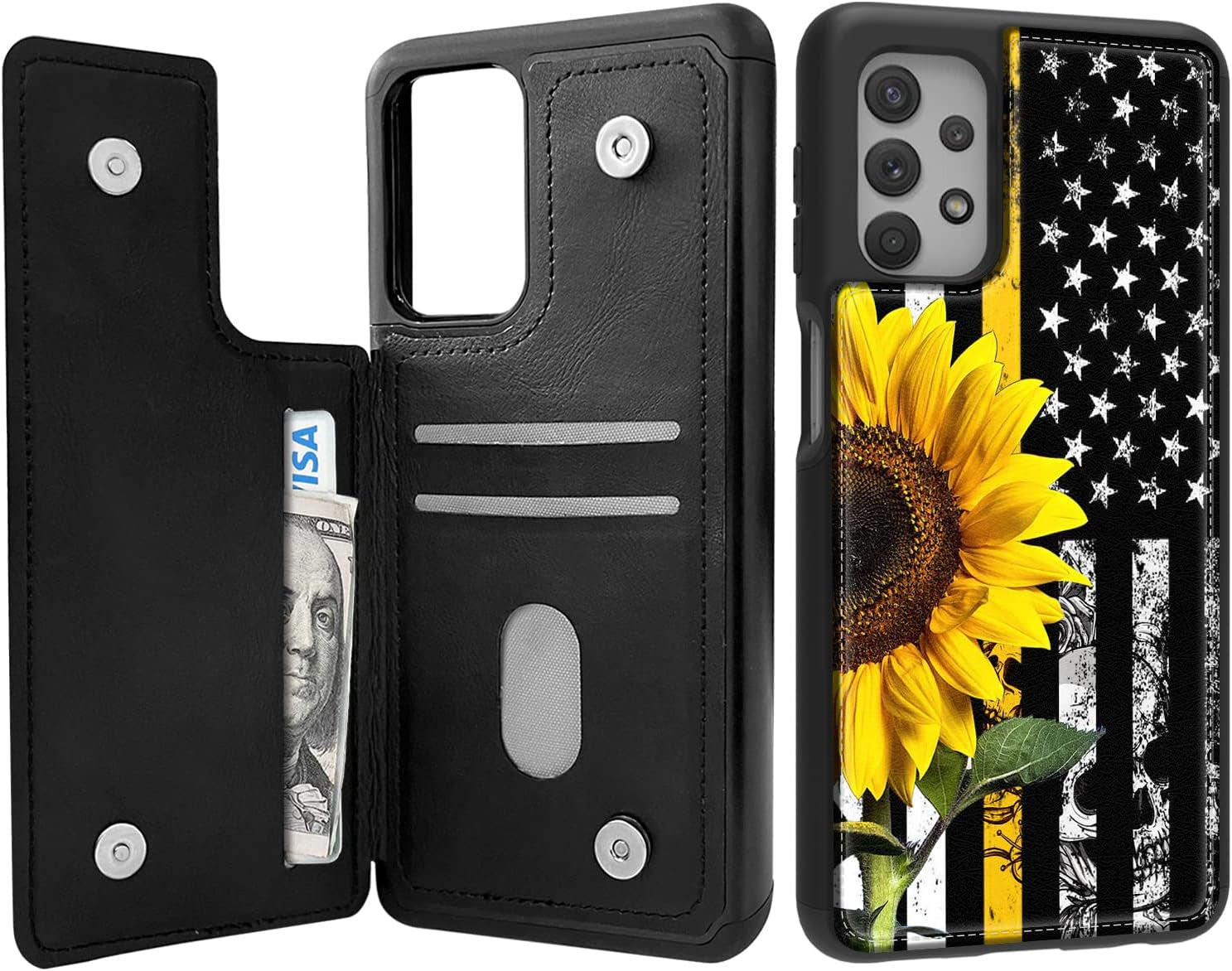 For Samsung Galaxy A53 5G Wallet Case with Card Holder,Flip Fold PU Leather Kickstand Card Slots Cover with Magnetic Clasp for Women Men Girls,Flag Sunflower