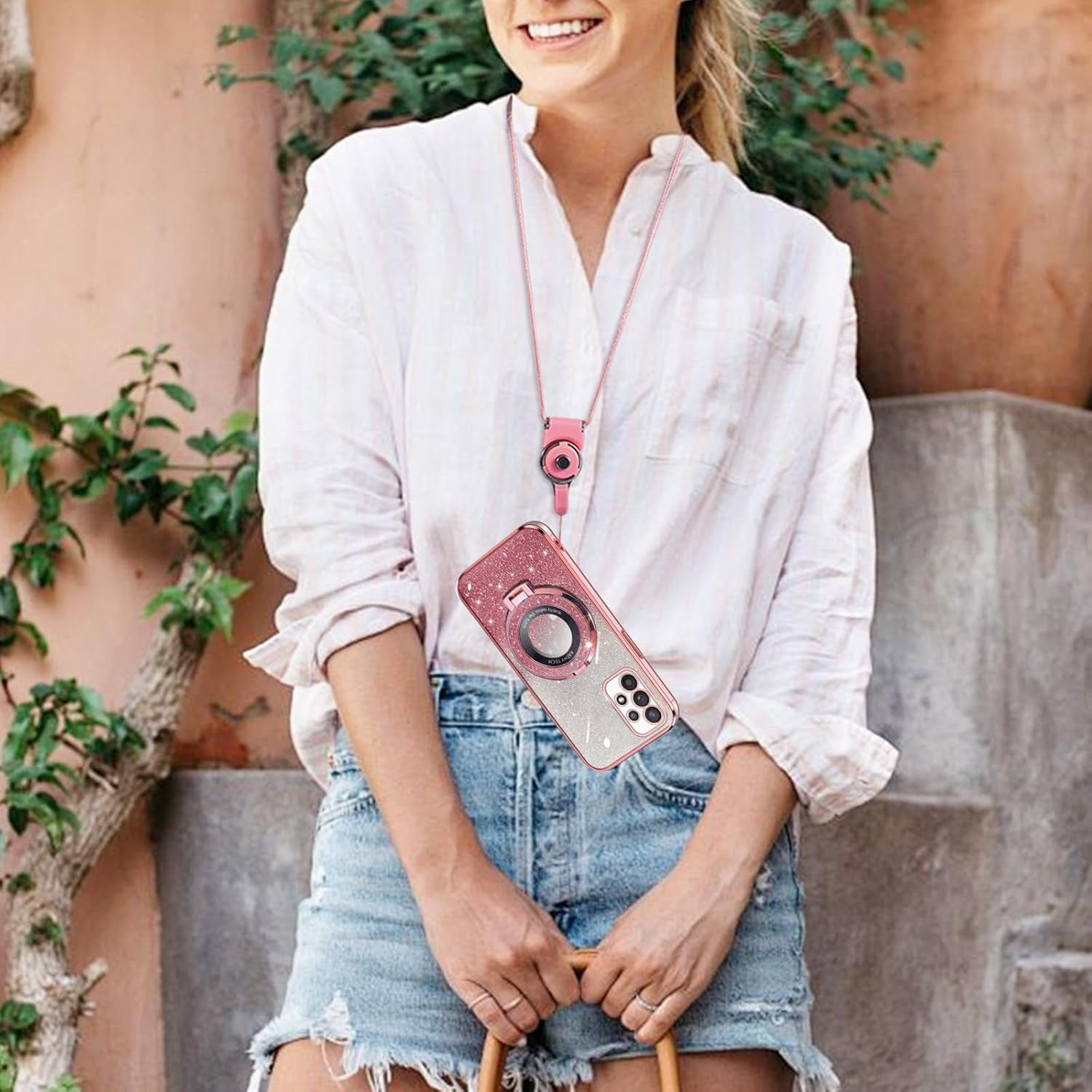 For Samsung Galaxy A53 Case, A53 5G Case Soft Tpu Luxury Plating Cute Bling Clear for Women Magnetic Shockproof with Ring Kickstand [Glitter Card & Wrist Strap] Protection Cover for A53 (Glitter Pink)