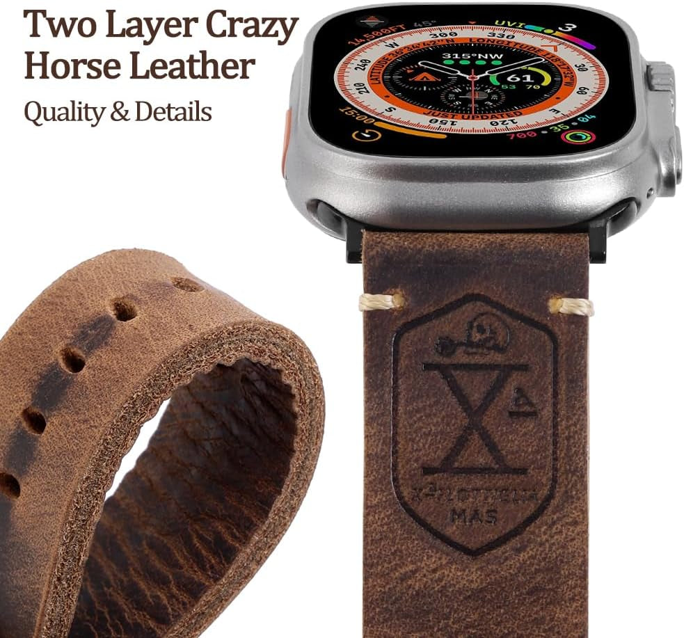 Band Compatible with Apple Watch Ultra 2/1 49Mm 45Mm 44Mm 42Mm 41Mm 40Mm 38Mm Series 9/8/SE/7/6/5/4/3/2, Vintage Leather Iwatch Strap for Men Women
