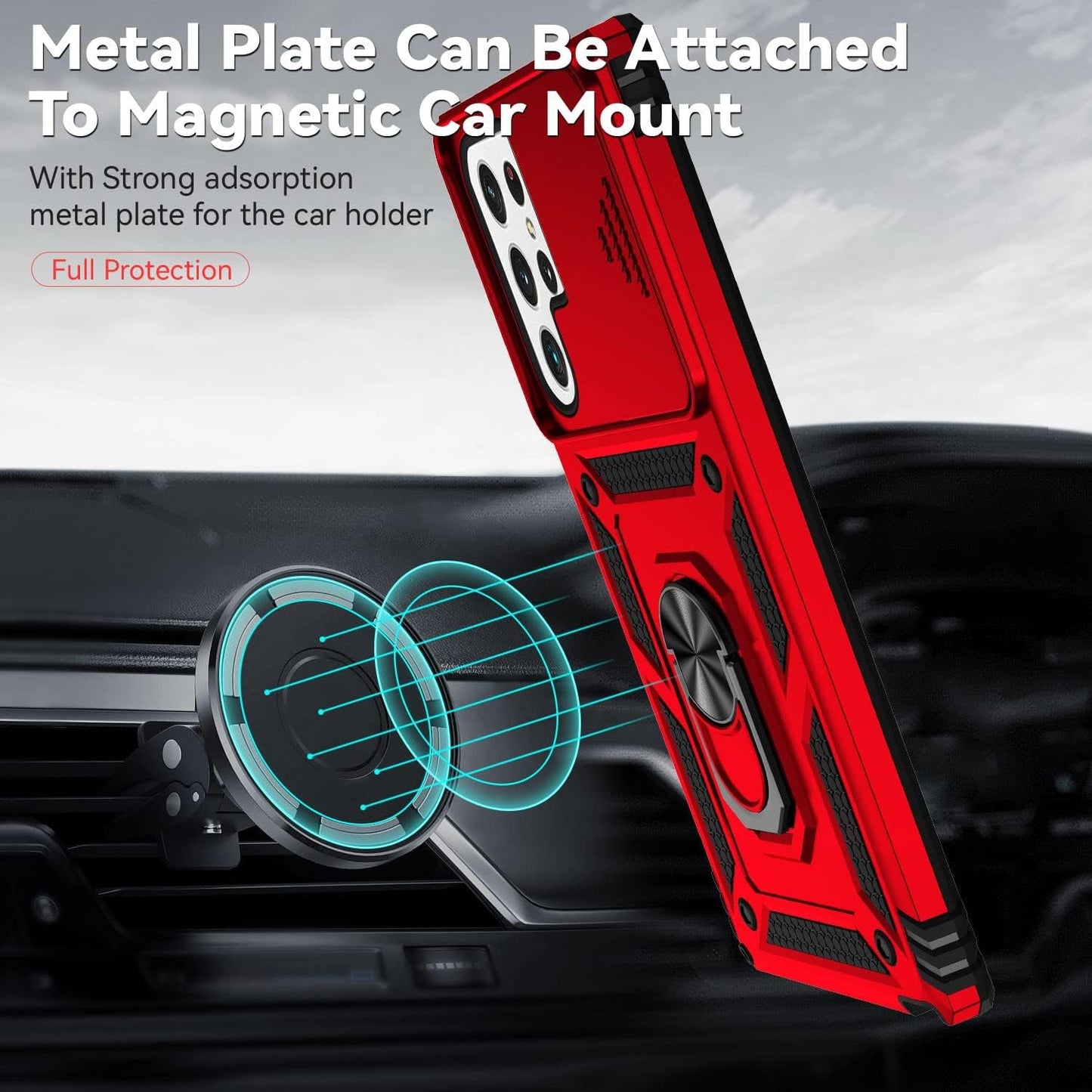 For Samsung Galaxy S22 Ultra Case,With Camera Lens Cover HD Screen Protector,[Military Grade] Ring Car Mount Kickstand Hybrid Hard PC Soft TPU Shockproof Protective Case for Galaxy S22 Ultra, Red