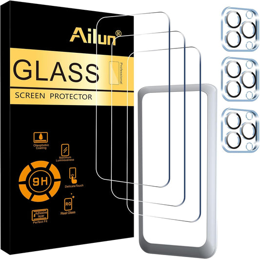 Ailun 3 Pack Screen Protector for Iphone 15 Pro Max [6.7 Inch] + 3 Pack Camera Lens Protector with Installation Frame,Sensor Protection,Dynamic Island Compatible,Case Friendly Tempered Glass Film  Ailun   