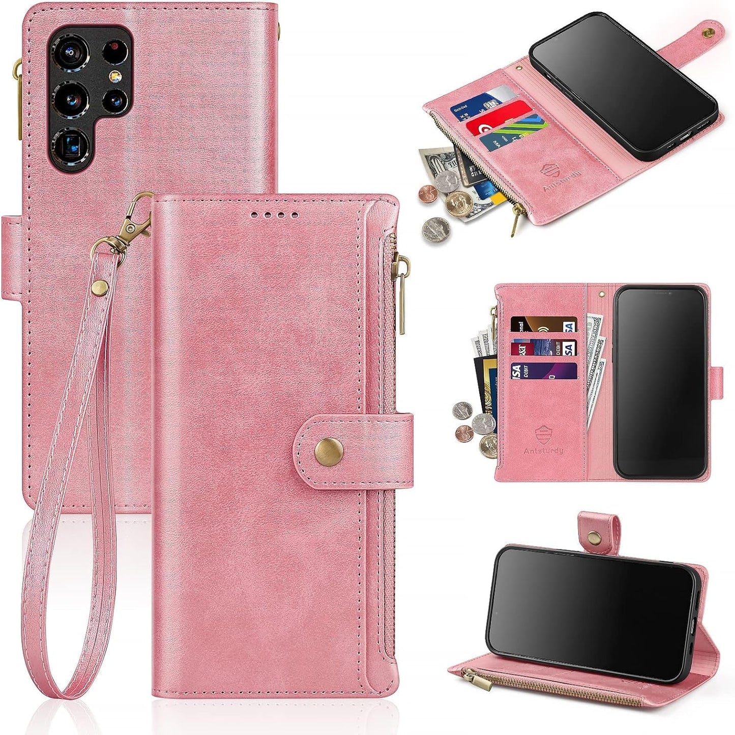 Antsturdy Samsung Galaxy S22 Ultra Wallet with Card Holder for Women Men,Galaxy S22 Ultra 5G Phone Case RFID Blocking PU Leather Flip Shockproof Cover with Strap Zipper Credit Card Slots,Dark Blue