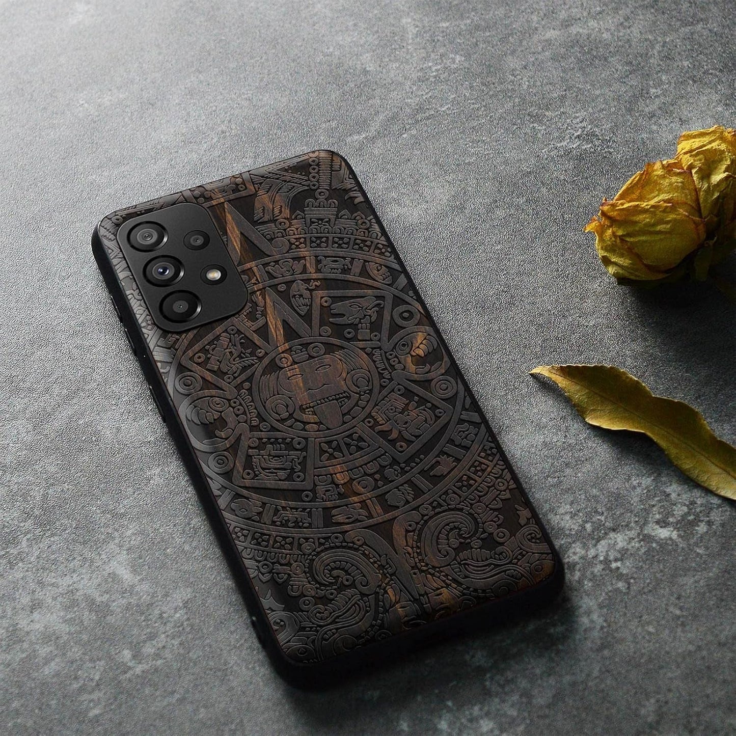 Carveit Wood Case for Samsung Galaxy A53 5G Case [Natural Wood & Black Soft TPU] Shockproof Protective Cover Unique Wooden Case Compatible with Galaxy A53 5G Case (Mayan Symbols Calendar-Blackwood)