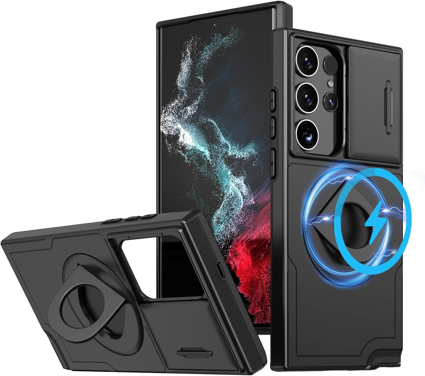 For Samsung Galaxy S22 Ultra Mag-Safe Kickstand Case with Slide Camera Cover,Slim Shockproof Military Heavy Duty Anti-Drop Full Body Protection,360 Rotating Stand Magnetic Phone Case(Black)