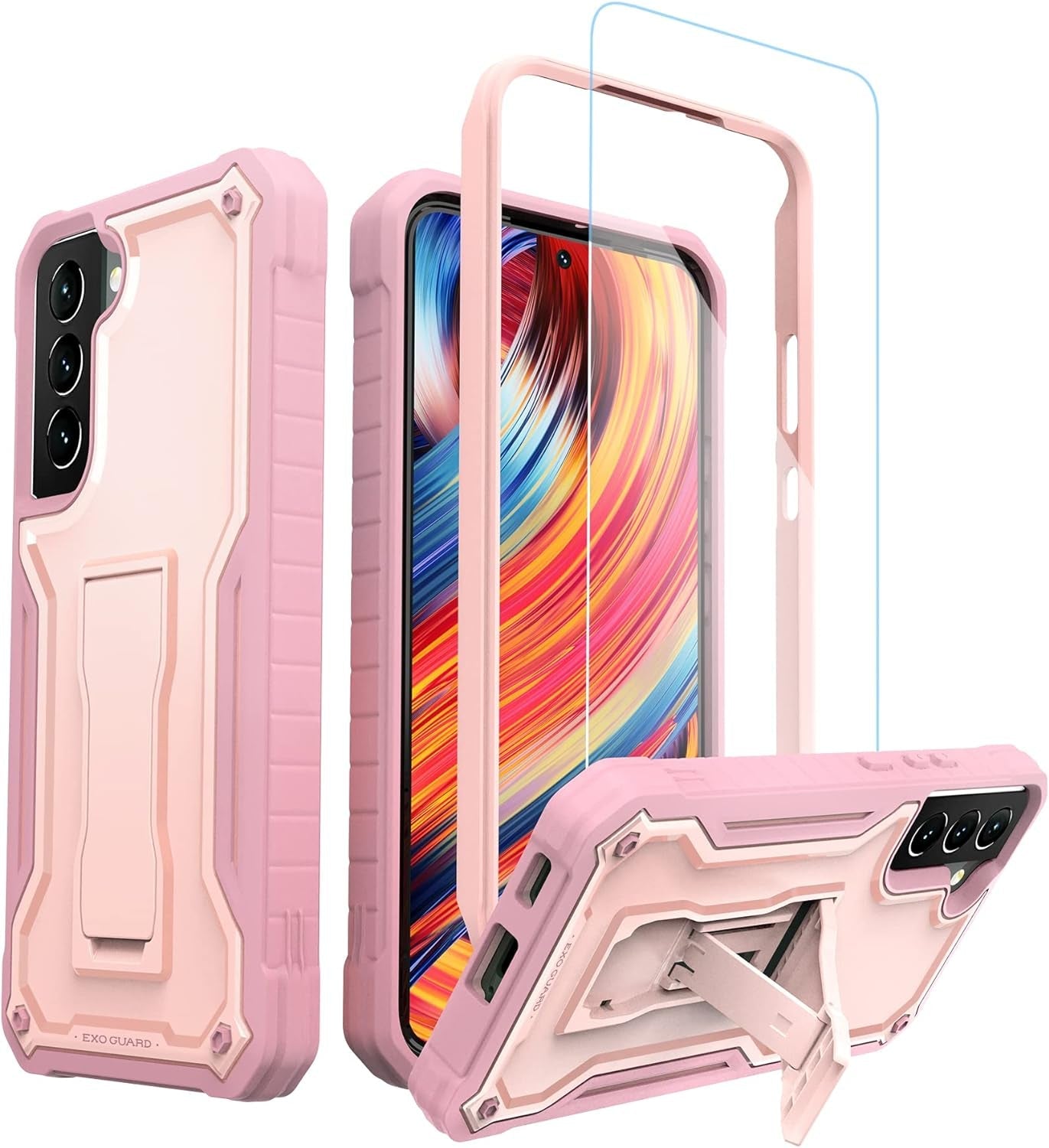 Exoguard for Samsung Galaxy S22 plus Case, Rubber Shockproof Heavy Duty Case with Screen Protector for Samsung S22 plus Phone, Built-In Kickstand (Pink)