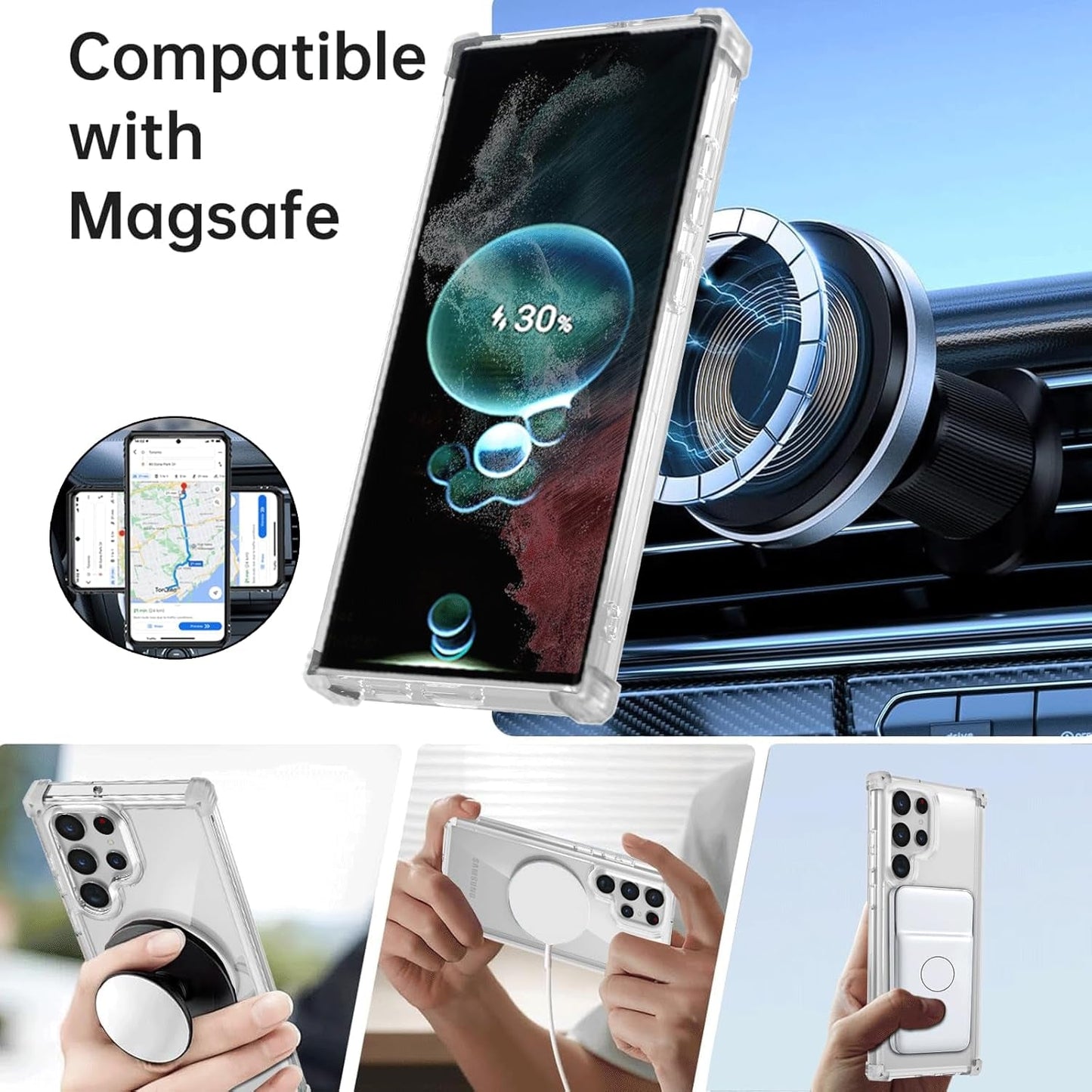 For Samsung Galaxy S22 Ultra Case Magnetic Compatible with Magsafe Galaxy S22Ultra Case with Glass Screen Protector,With Kickstand Military Grade Drop Protection Shockproof S22Ultra Case Clear