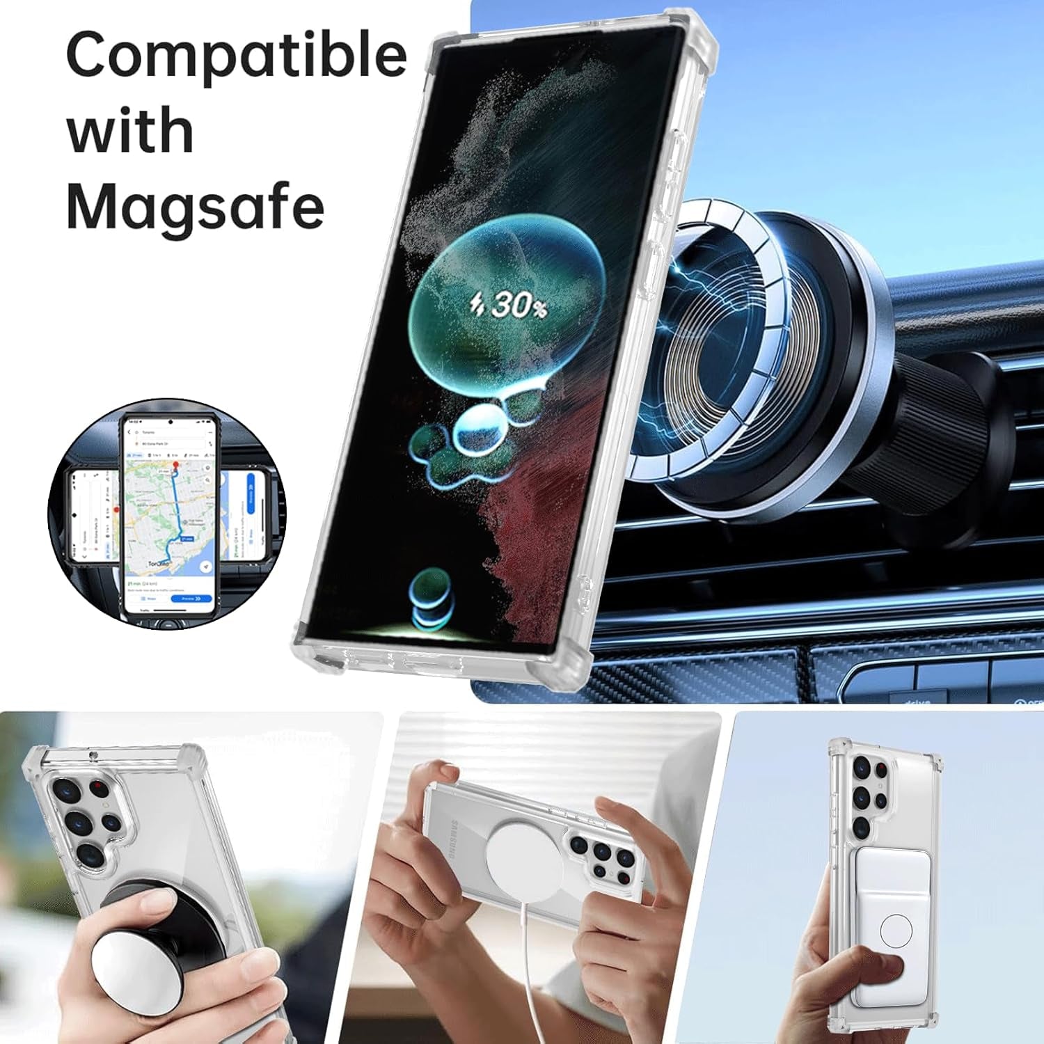 For Samsung Galaxy S22 Ultra Case Magnetic Compatible with Magsafe Galaxy S22Ultra Case with Glass Screen Protector,With Kickstand Military Grade Drop Protection Shockproof S22Ultra Case Clear
