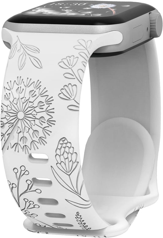 Floral Engraved Sport Bands Compatible with Apple Watch Band 40Mm 41Mm 38Mm 42Mm 44Mm 45Mm 49Mm, Soft Silicone Embossed Cute Wildflowers Sport Laser Strap for Iwatch Series 9 8 7 6 5 4 3 2 1 SE Ultra 2 Ultra Women Men