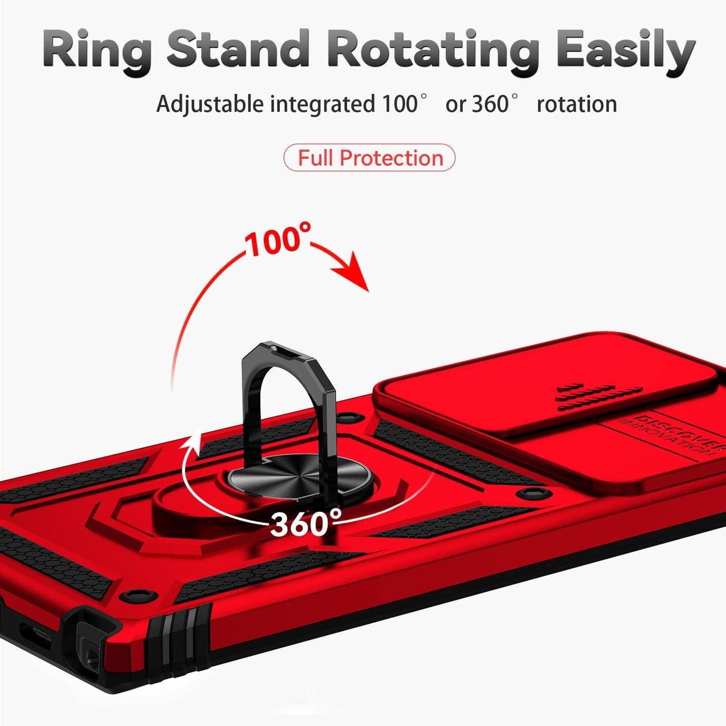 For Samsung Galaxy S22 Ultra Case,With Camera Lens Cover HD Screen Protector,[Military Grade] Ring Car Mount Kickstand Hybrid Hard PC Soft TPU Shockproof Protective Case for Galaxy S22 Ultra, Red