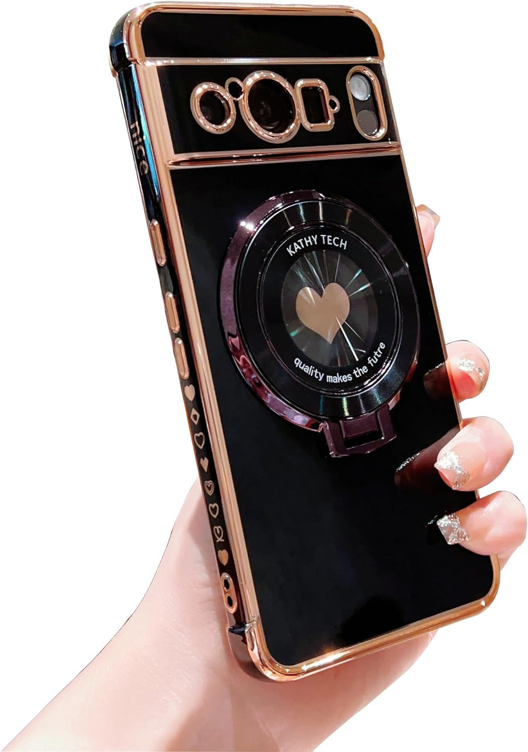 Phylla for Google Pixel 8 Pro 5G 6.7" Phone Case with Magsafe,Luxury Plated Cute Love Heart Cover with Magnetic Stand Holder Side Small Hearts Pattern Soft Shockproof Kickstand Bumper for Women-Black  PHYLLA\1 Black  