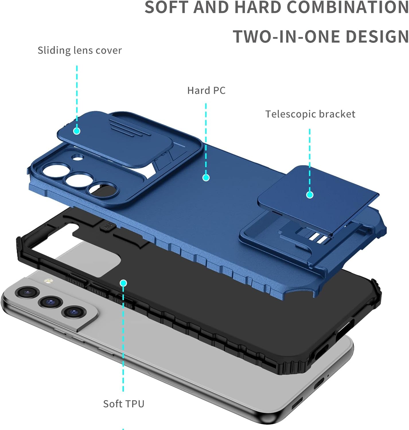 For Samsung Galaxy S22 plus 5G Case with Slide Camera Cover, Armor Silicone TPU Bumper Tough PC S22 plus Cover with Kickstand, Military Shockproof Protective Phone Case for Galaxy S22 plus Blue