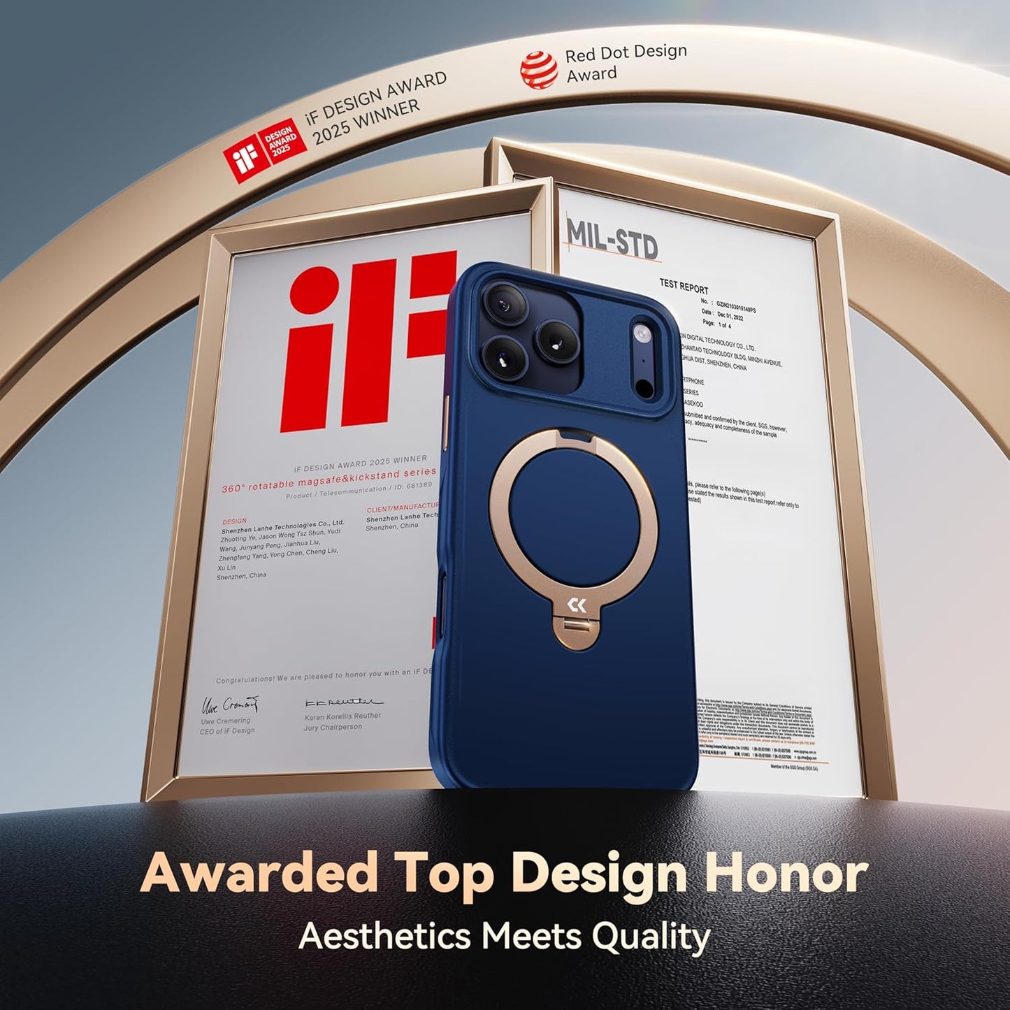 CASEKOO Marine Blue Designed for Iphone 17 Pro Max Case with Spin Magnetic Stand [16FT Military Protection] [Non-Slip Edge] [Fit for Magsafe] Magicstand 360 for Iphone 17 Promax Case 6.9''