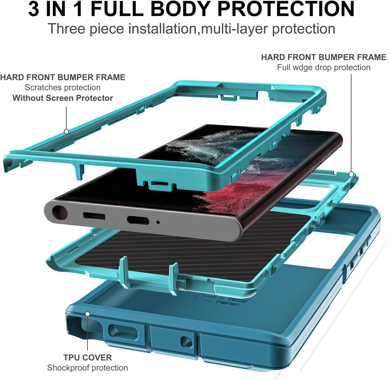 For Samsung Galaxy S22 Ultra Case, S22 Ultra Case with Self Healing Flexible TPU Screen Protector [2 Pack], 3 in 1 Shockproof Heavy Duty Case for Samsung S22 Ultra 5G (Blue/Turquoise)