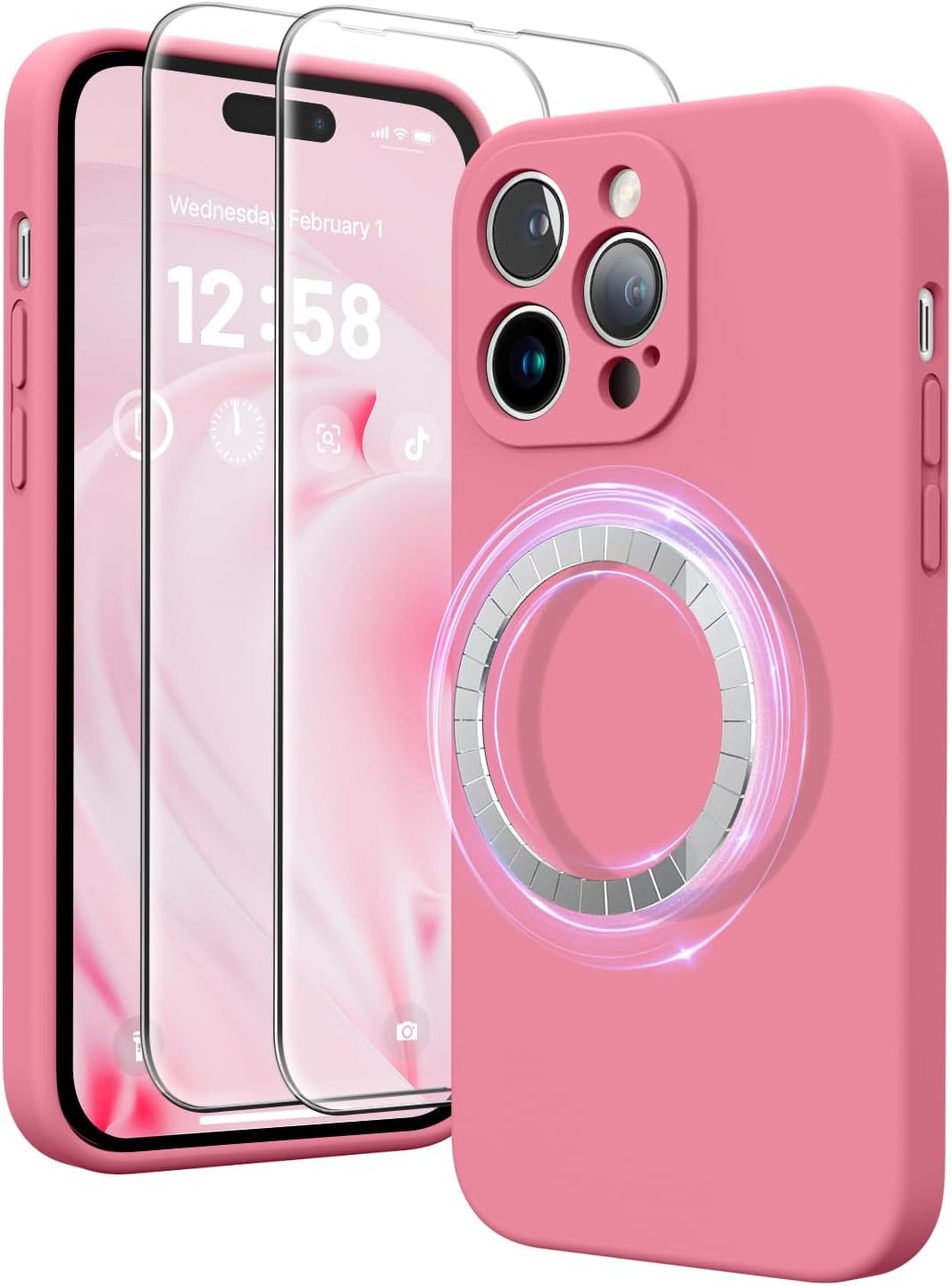 HIKII for Iphone 14 Pro Case Magnetic, Upgraded Silicone [Camera Protection] [Compatible with Magsafe] for Iphone 14 Pro Case with [2 Screen Protectors], 6.1 Inch, Light Brown  HIKII Sakura Pink  