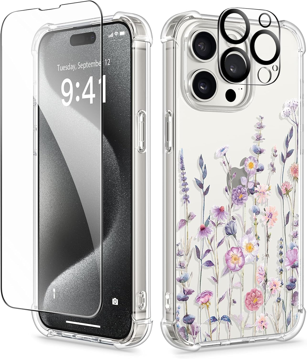 GVIEWIN for Iphone 15 Pro Case Floral, with Screen Protector+Camera Lens Protector, [Not Yellowing] Slim Shockproof Clear Phone Protective Cover for Women, Flower Pattern Design (Ranunculus/Pink)  GVIEWIN   