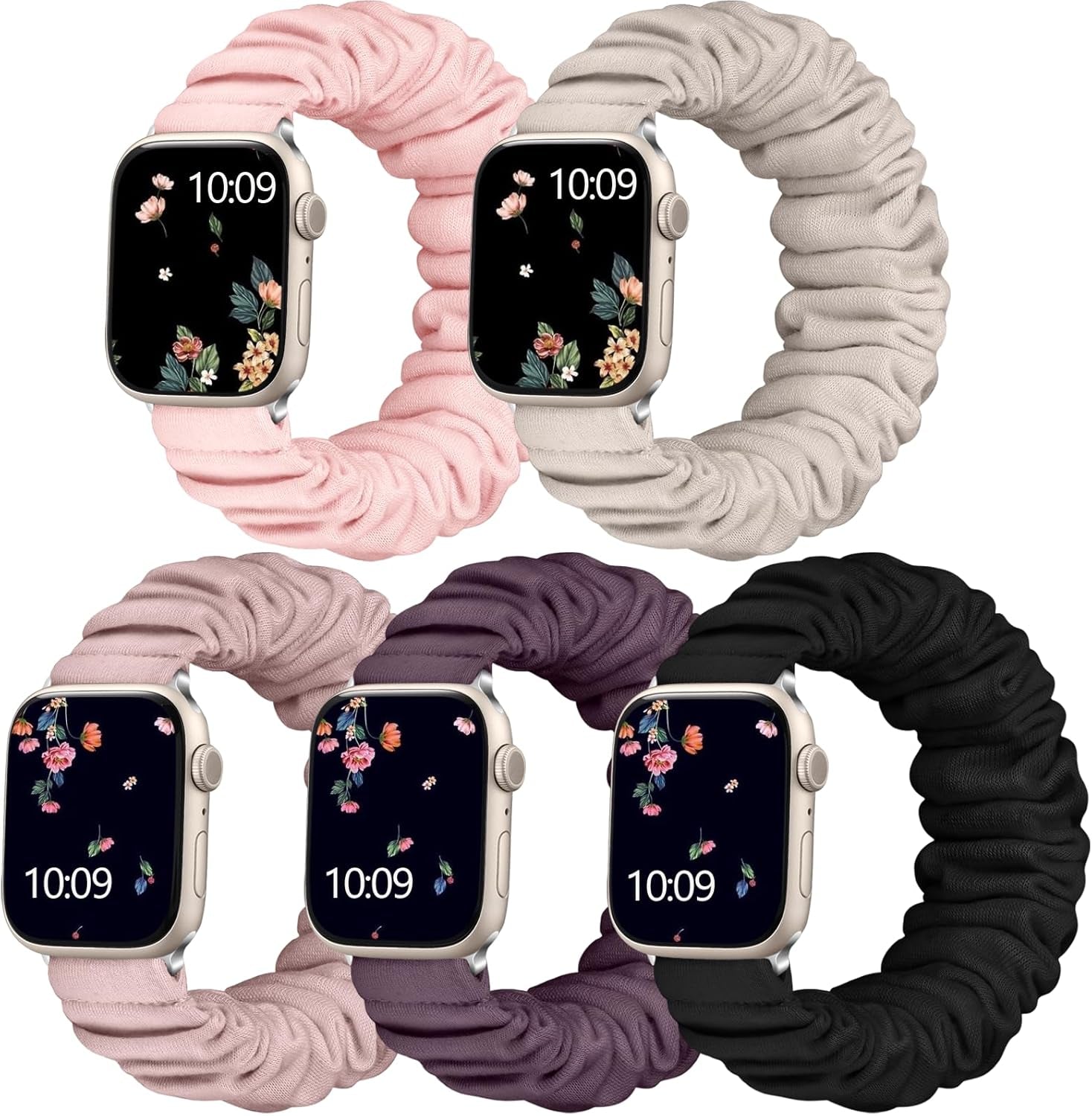 Adorve 5 Pack Scrunchie Bands Compatible with Apple Watch Band 38Mm 40Mm 41Mm 42Mm 44Mm 45Mm 49Mm for Women, Cute Fabric Scrunchy Adjustable Elastic Strap for Iwatch SE Ultra Series 8 7 6 5 4 3 2 1