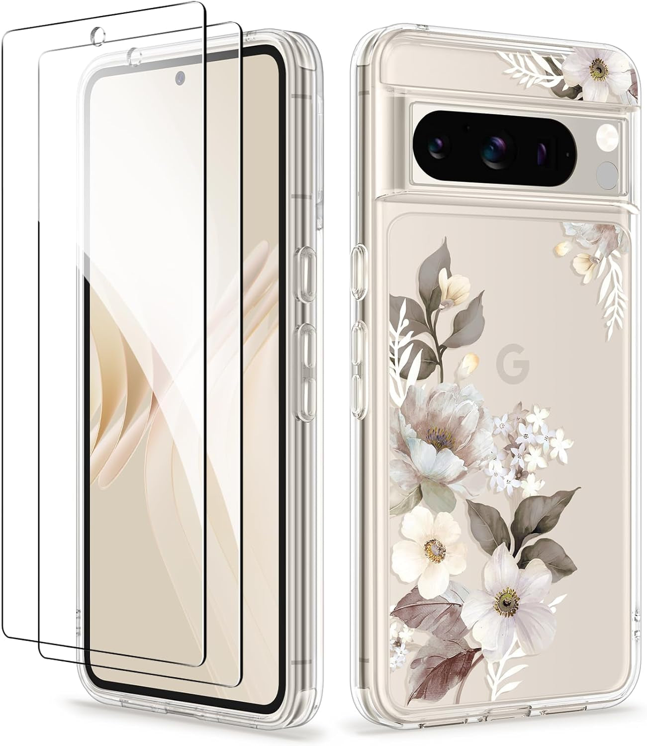 GVIEWIN Compatible with Google Pixel 8 Pro Case, with 2X Screen Protectors, [Not Yellowing + Military Grade Drop Tested] Clear Floral Slim Shockproof Protective Women Phone Case(Delphinium/Grey)  GVIEWIN Delphinium/Grey  