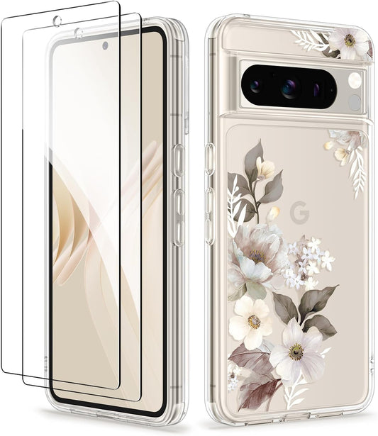 GVIEWIN Compatible with Google Pixel 8 Pro Case, with 2X Screen Protectors, [Not Yellowing + Military Grade Drop Tested] Clear Floral Slim Shockproof Protective Women Phone Case(Delphinium/Grey)  GVIEWIN Delphinium/Grey  