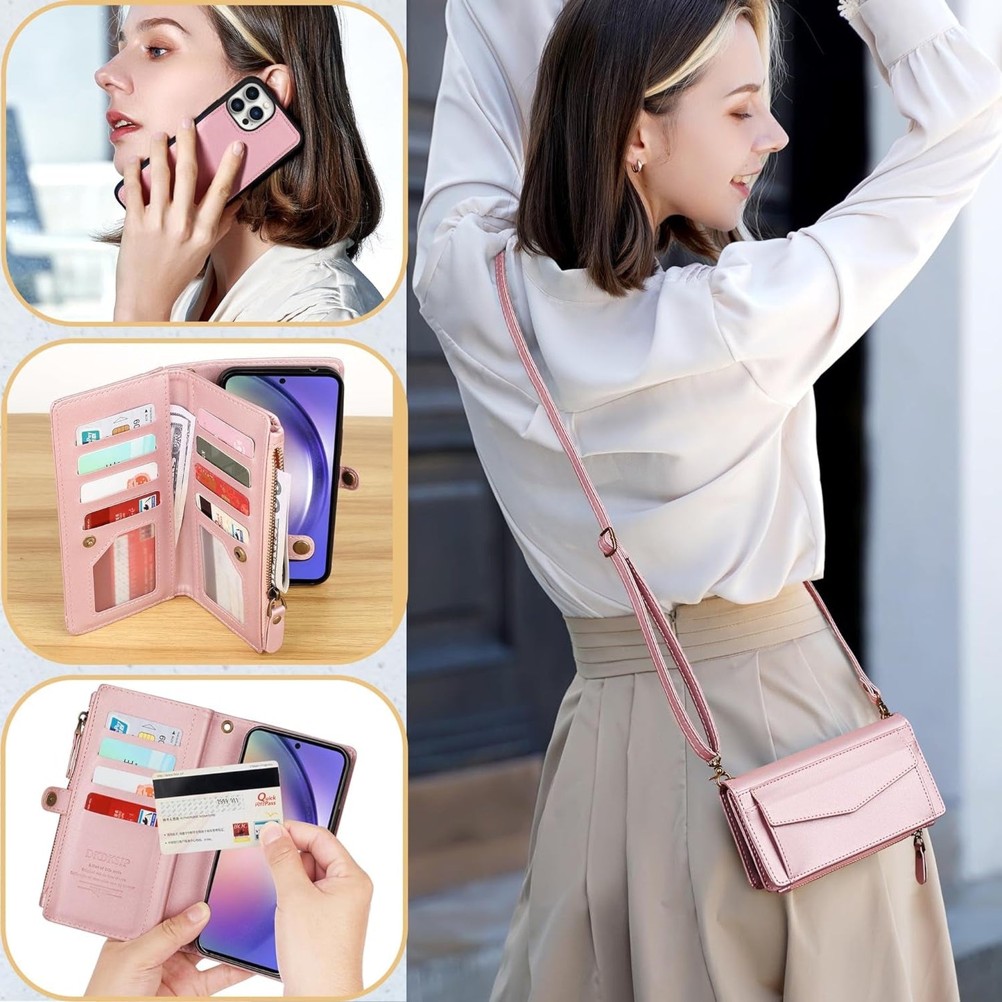 DKDKSIP for Iphone 15 Pro Wallet Case for Women, Support Wireless Charging with RFID Blocking Card Holder, PU Leather Zipper Wallet Detachable Magnetic Phone Case with Crossbody Strap, Pink  DKDKSIP   