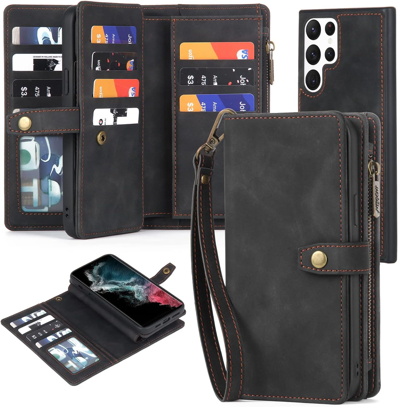 For Samsung Galaxy S22 Ultra Wallet Case with Card Holder & Detachable Magnetic Phone Case, Leather All-Round Protection Wallet Phone Case for Women Men,6.8In,Black