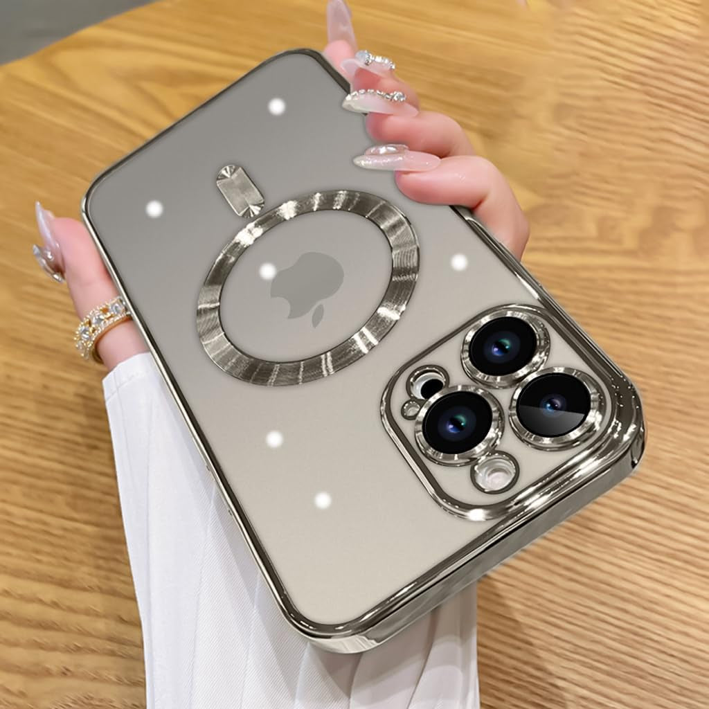 OOK Case Made for Iphone 15 Pro Max 6.7 Inch [Built-In Camera Lens Protector] [Compatible with Magsafe] Anti-Scratch Shockproof Protective Slim Electroplated Case for Women Men - Green  OOK Gray  