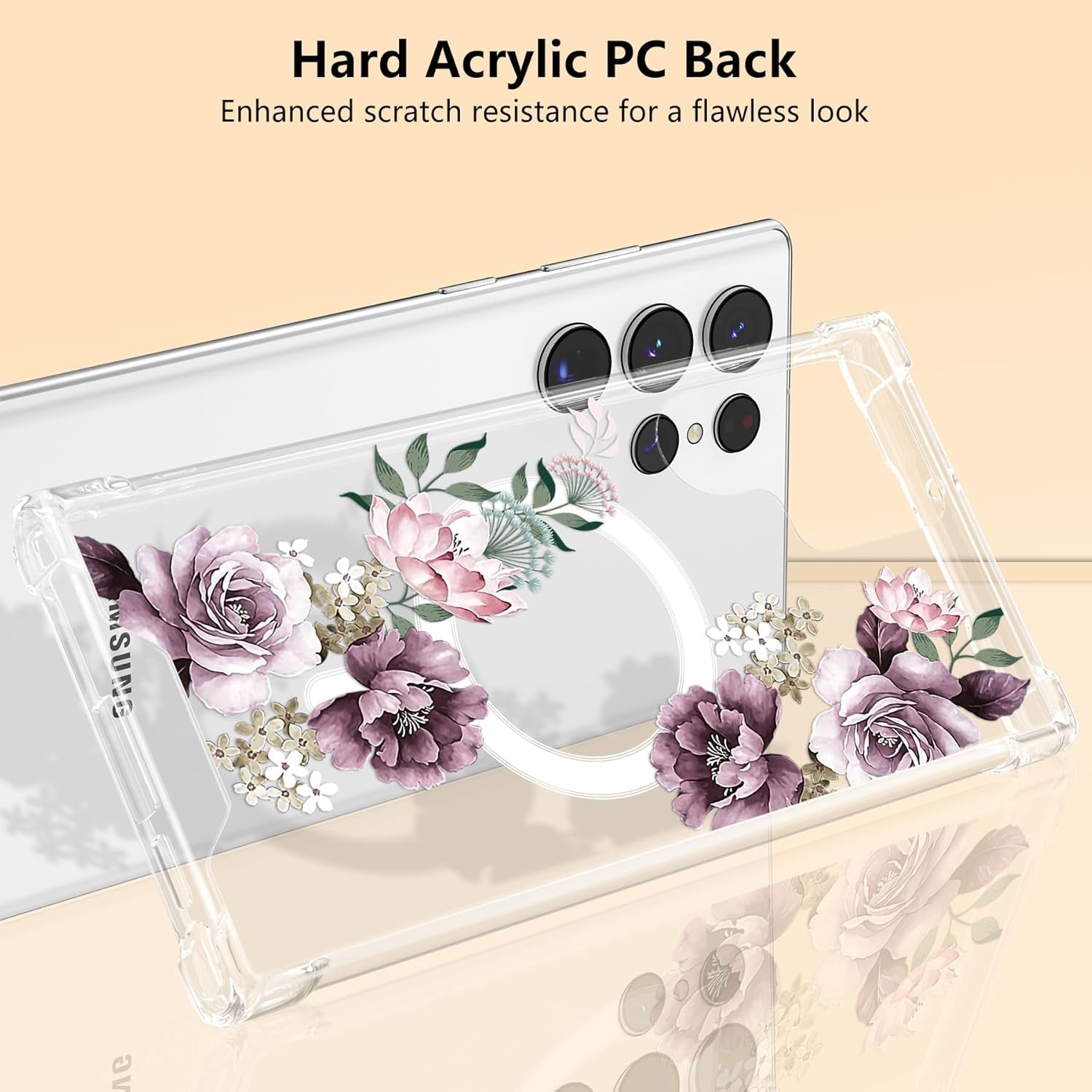 DEFBSC Magnetic Case for Samsung Galaxy S22 Ultra [Work with Magsafe] Clear Floral Flower Pattern Print Design Flexible Acrylic Shockproof Cover Flower Protective Phone Case, Purple Peony