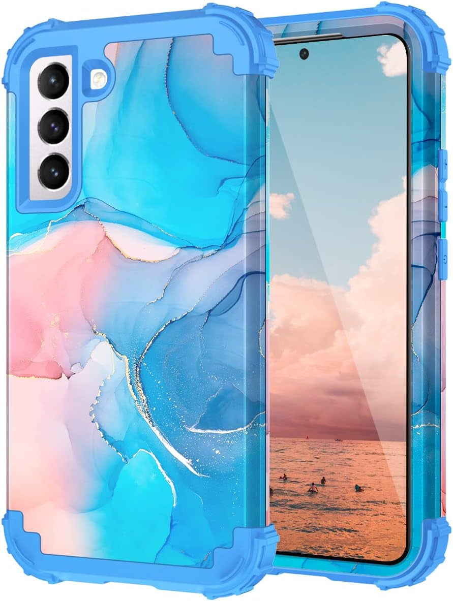 Fingic Galaxy S22 Case,Samsung Galaxy S22 Case Marble 3 in 1 Heavy Duty Protection Hybrid Hard PC Soft Silicone Rugged Bumper Case for Women Men Non-Slip Slim Phone Case for Samsung Galaxy S22,Blue