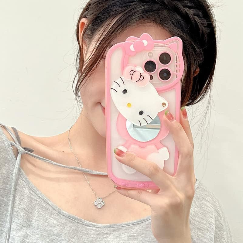 Olntun for Iphone 15 Pro Max Cute Cartoon Cat Case,3D Bow Kawaii Face Makeup Mirror Women Girls Kids Soft TPU Clear Protective Phone Cover Pink  Olntun   