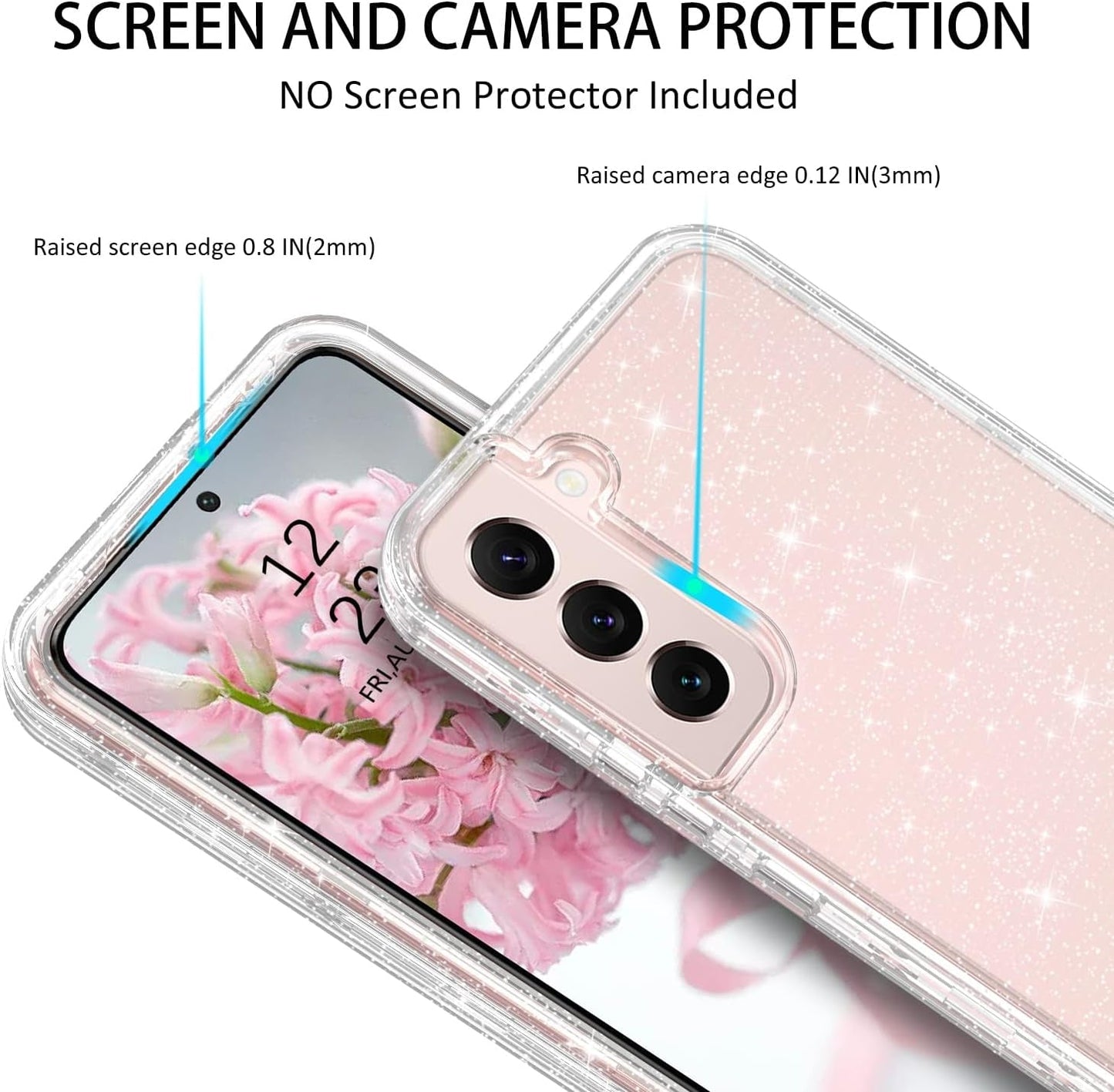 DUEDUE for Samsung Galaxy S22 6.1" 5G Case Glitter Full Body Protective 3 in 1 Heavy Duty Hybrid Hard PC Rugged Shockproof Women Girls Transparent Bling Sparkle Cover Phone Case for Samsung S22, Clear