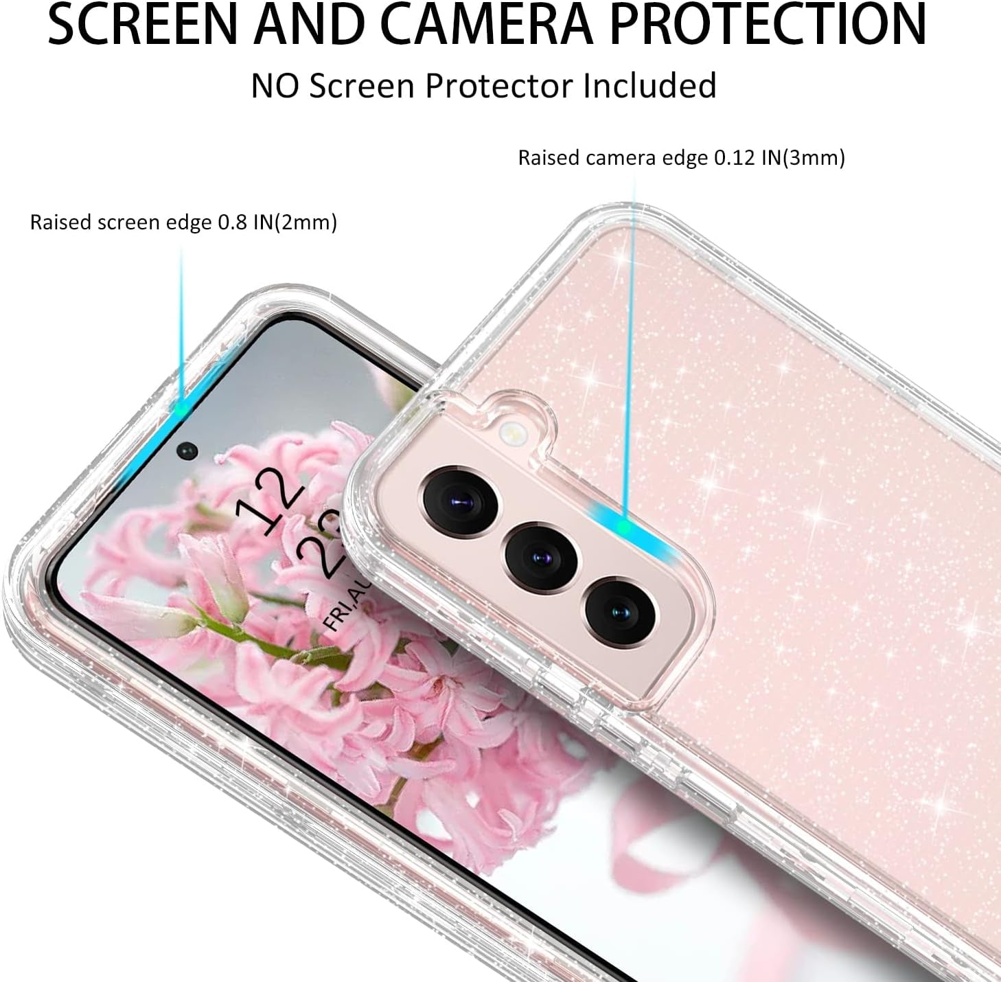 DUEDUE for Samsung Galaxy S22 6.1" 5G Case Glitter Full Body Protective 3 in 1 Heavy Duty Hybrid Hard PC Rugged Shockproof Women Girls Transparent Bling Sparkle Cover Phone Case for Samsung S22, Clear