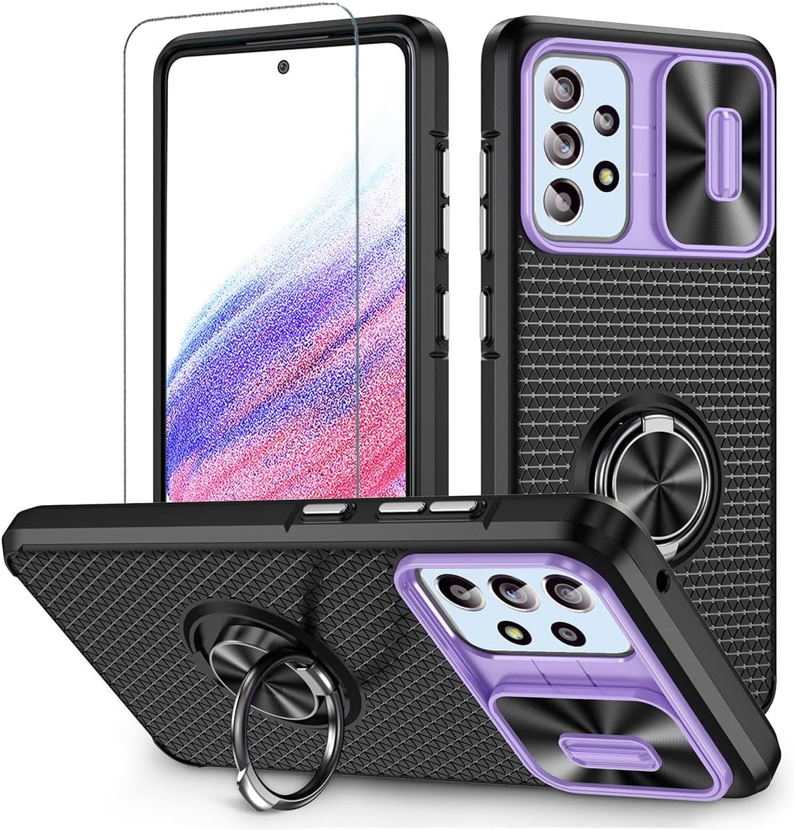 Design for Samsung Galaxy A53 5G Phone Case with Screen Protector + Slide Camera Protection Cover + Ring Holder Stand, Built-In Magnetic Kickstand Shockproof Protective Phone Cases for Women Men Blue