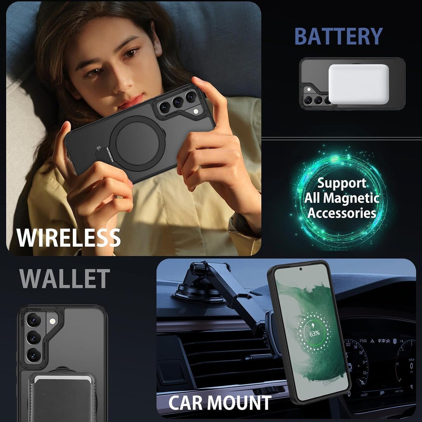 DUEDUE for Samsung Galaxy S22 plus Case Magnetic with Ring Stand [Compatible with Magsafe], Translucent Matte Back Protective Cover Shockproof Kickstand Phone Case for Galaxy S22 plus 6.6", Black