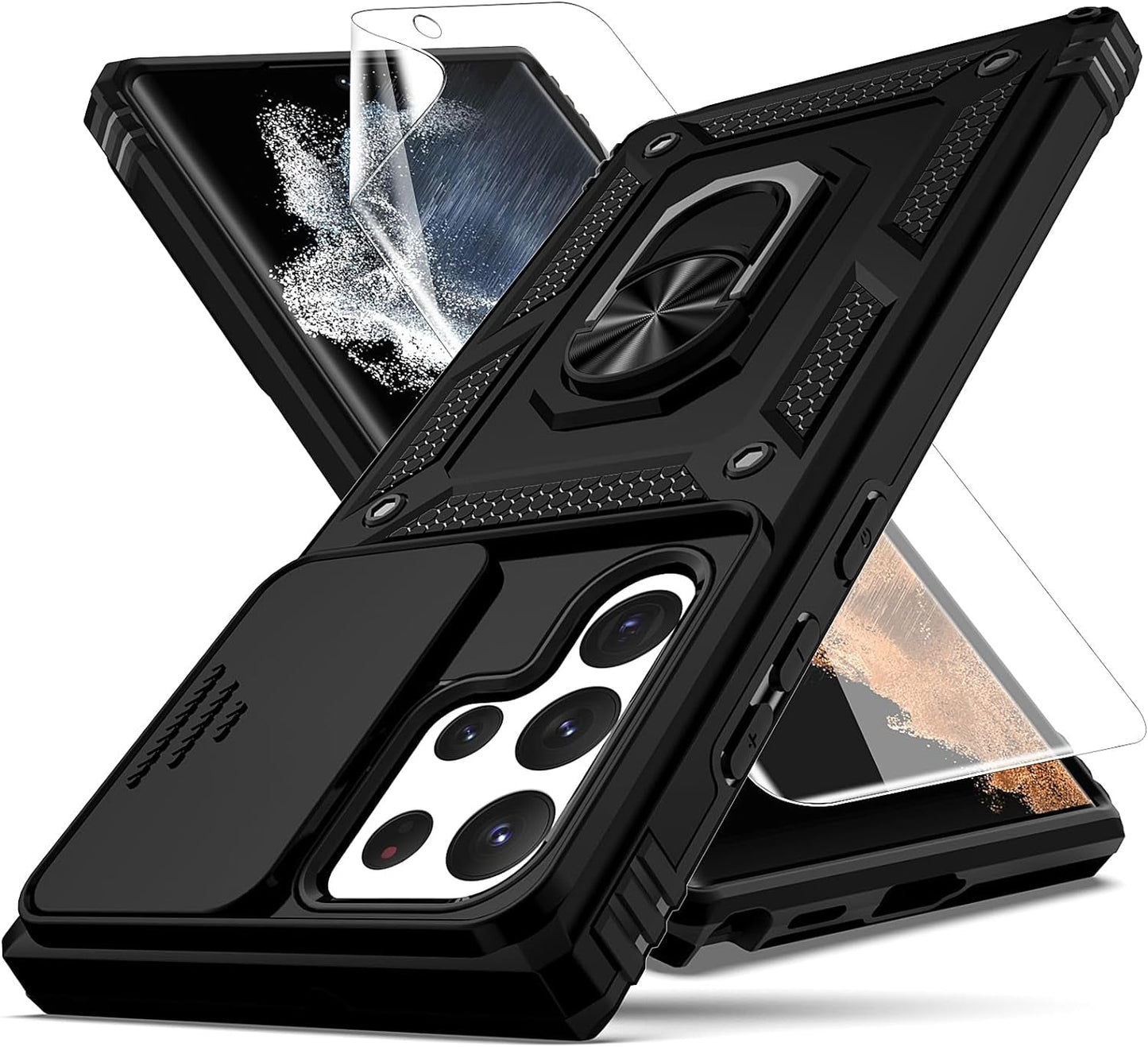 For Samsung Galaxy S22 Ultra Case,With Camera Lens Cover HD Screen Protector,[Military Grade] Ring Car Mount Kickstand Hybrid Hard PC Soft TPU Shockproof Protective Case for Galaxy S22 Ultra, Red