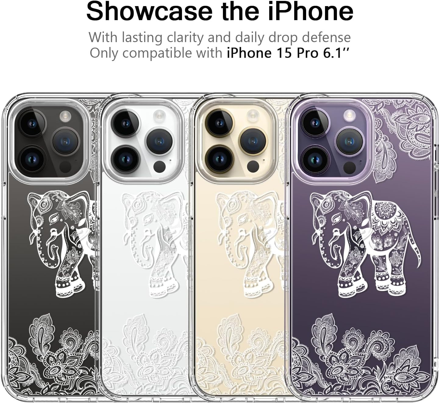 Bicol Compatible with Iphone 15 Pro Case,Crystal Clear Cover with Fashionable Designs for Girls Women,Slim Fit Shockproof Protective Acrylic Phone Case 6.1 Inch,Beautiful Elephant  bicol   