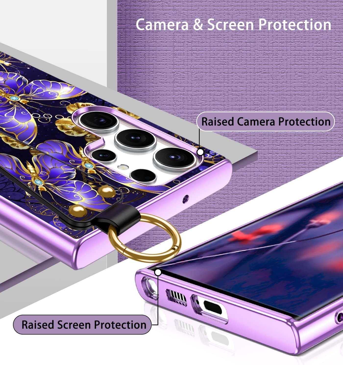 DUEDUE for Samsung Galaxy S22 Ultra Case, Glow in the Dark Butterfly Slim Cover with Hand Strap Hybrid Hard PC anti Slip Shockproof Full Protective Phone Case for Galaxy S22 Ultra 6.8", Purple