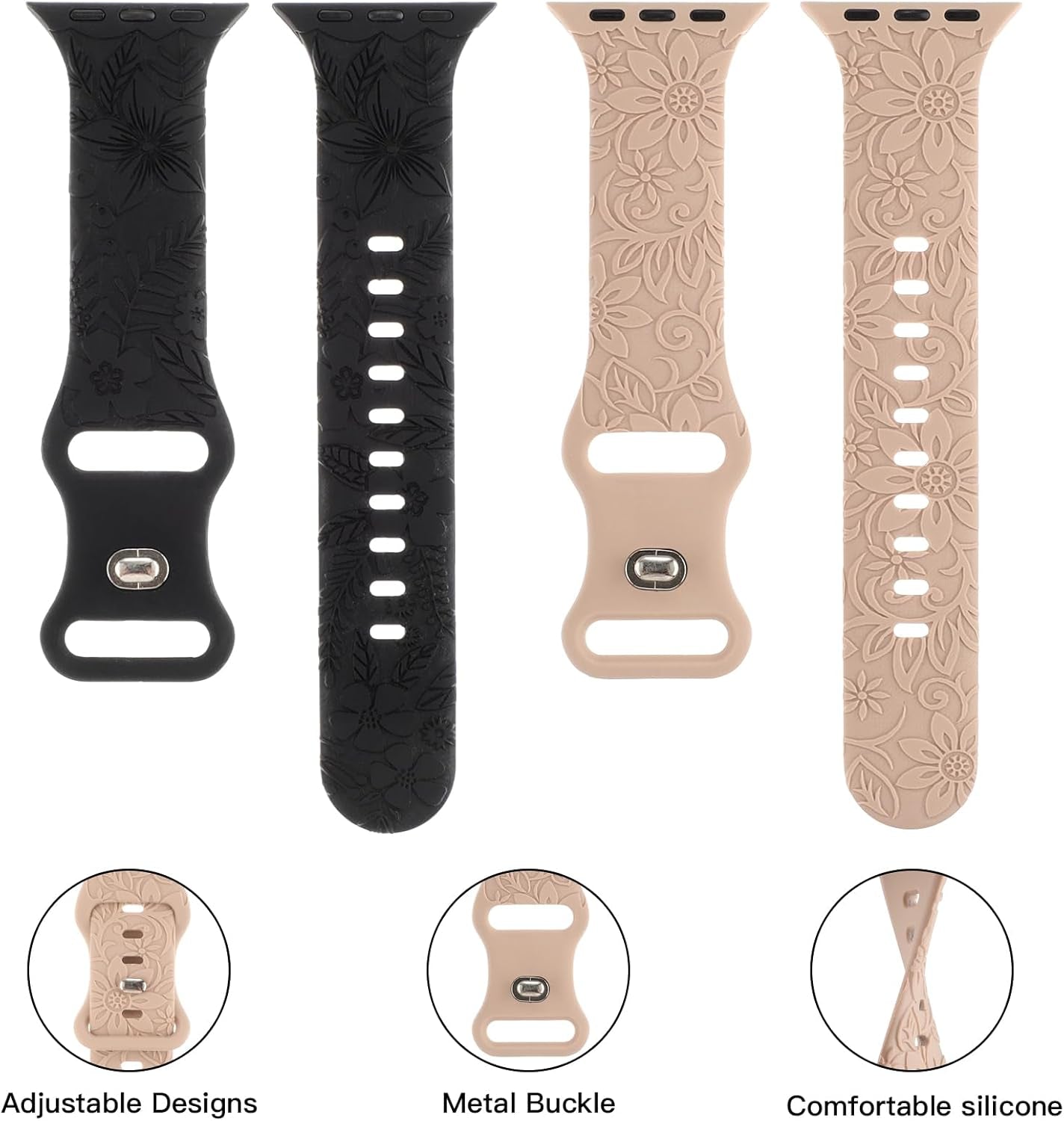 Floral Engraved Band Compatible with Apple Watch Bands 40Mm 41Mm 38Mm 42Mm 44Mm 45Mm 49Mm Women, Cute Soft Flower Silicone Designer Sport Strap for Iwatch Ultra 2 SE Series 9 8 7 6 5 4 3 2 1