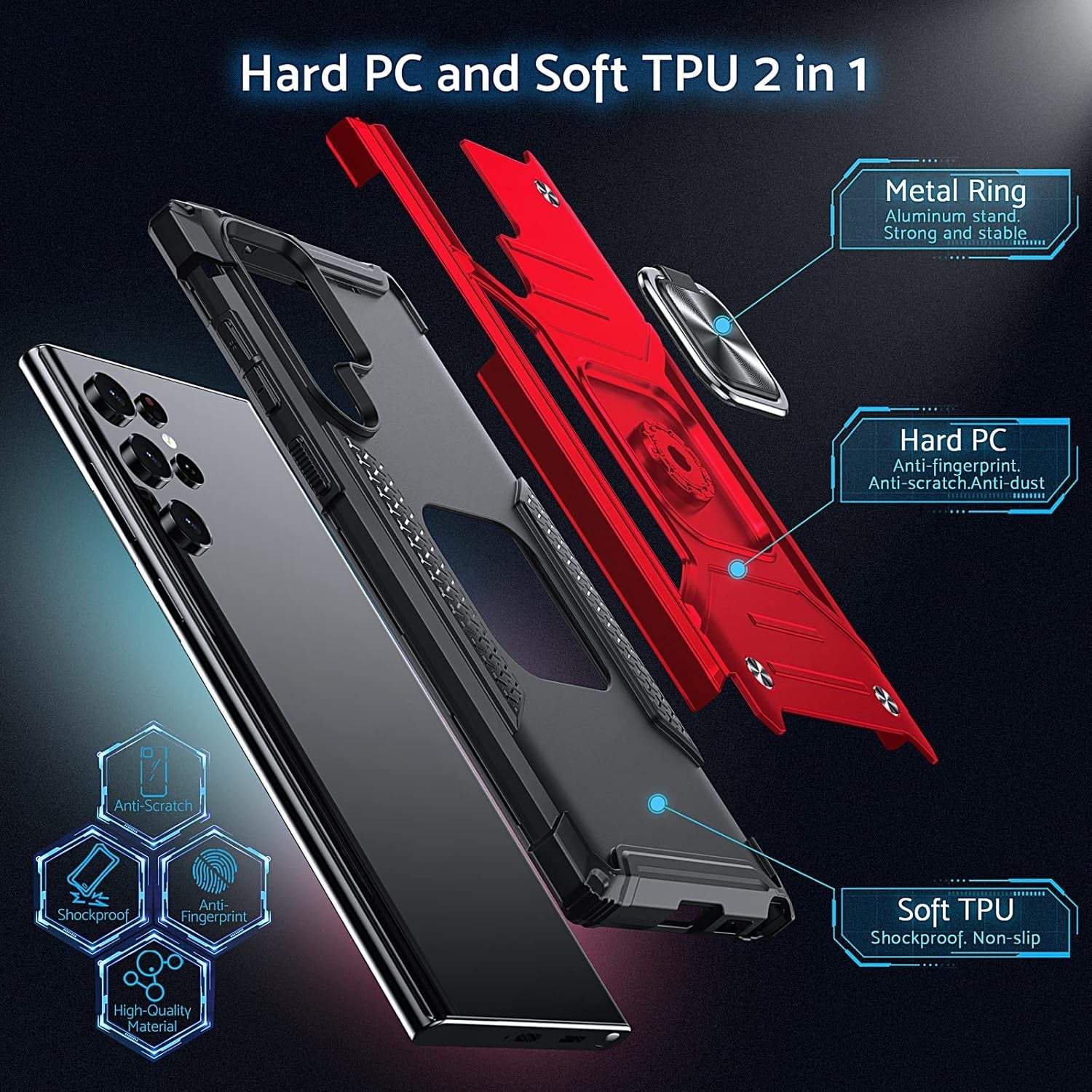 Anqrp Galaxy S22 Ultra Case, Military Grade Protective Phone Case Cover with Rotatable Metal Ring Kickstand [Support Magnet Mount] Compatible with Samsung Galaxy S22 Ultra, Lucky Red