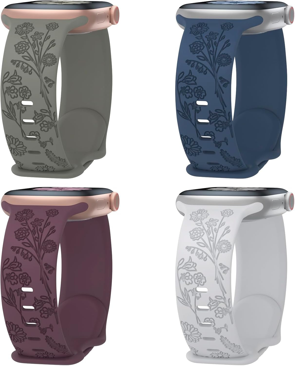 4 Pack Flower Engraved Silicone Band Compatible with Apple Watch Band 38Mm 40Mm 41Mm 42Mm 44Mm 45Mm 49Mm, Women Soft Floral Strap Sport Wristbands for Iwatch Series 9/8/7/6/5/4/3/2/1/Se/Ultra