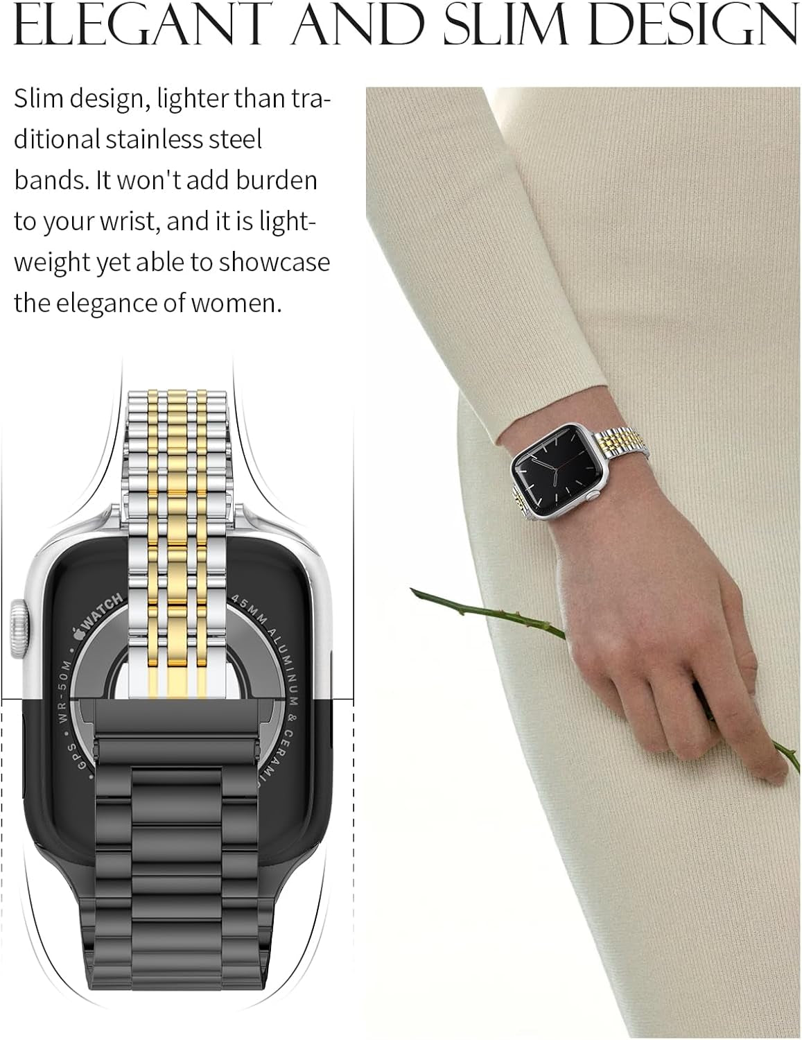 CTYBB Women Slim Band Compatible with Apple Watch Band 38Mm 40Mm 41Mm 42Mm 44Mm 45Mm, Stainless Steel Replacement Straps with Case for Iwatch Bands Series 9 8 7 6 5 4 3 2 1 Se,Silver+Gold