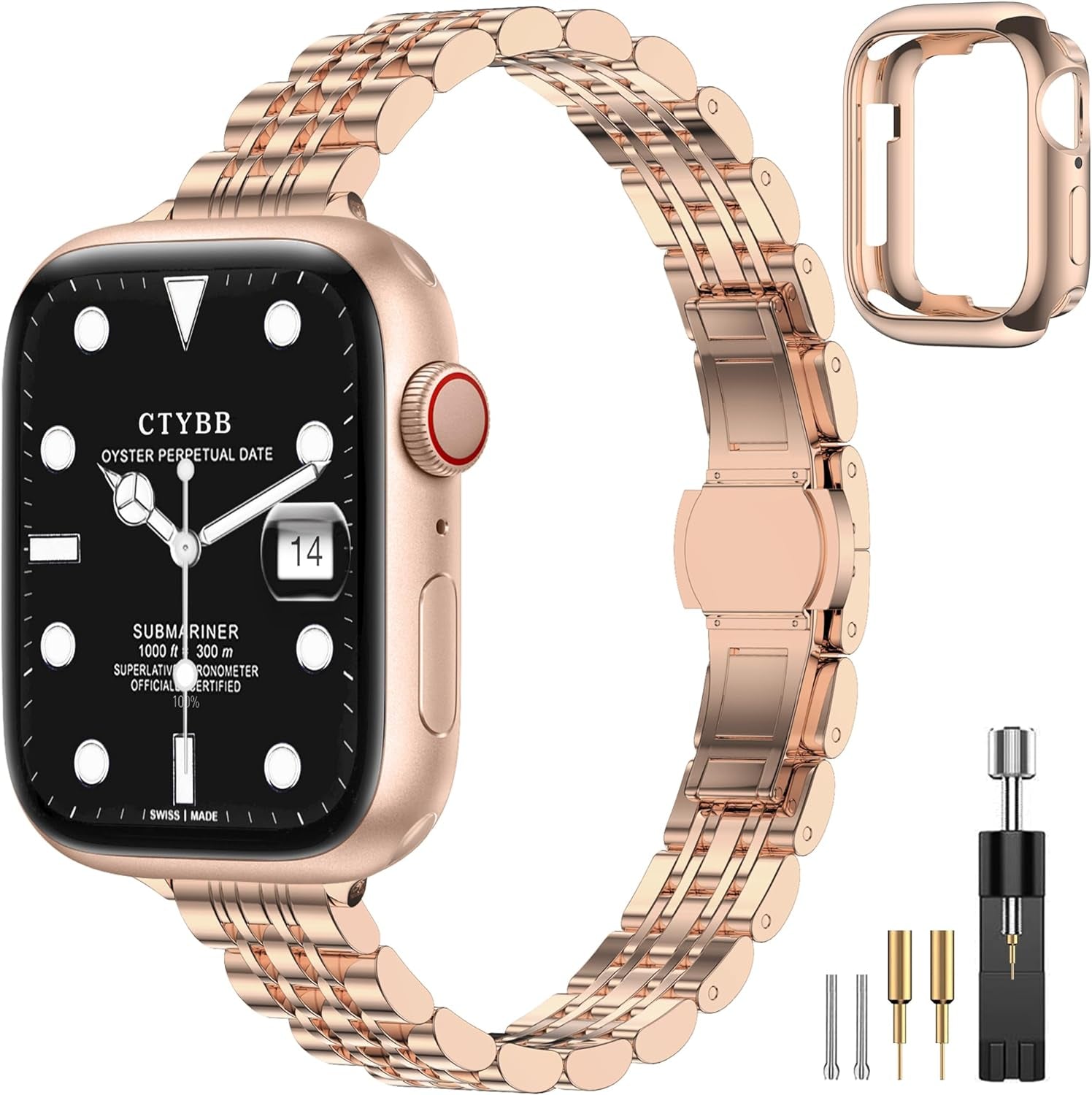 CTYBB Women Slim Band Compatible with Apple Watch Band 38Mm 40Mm 41Mm 42Mm 44Mm 45Mm, Stainless Steel Replacement Straps with Case for Iwatch Bands Series 9 8 7 6 5 4 3 2 1 Se,Silver+Gold