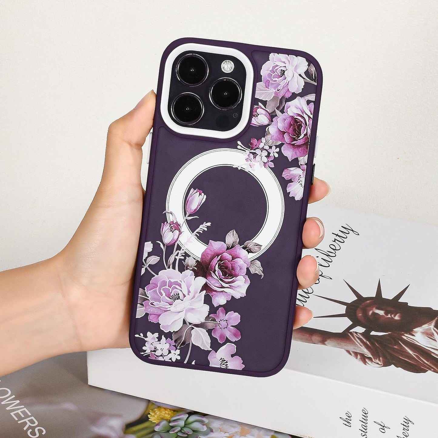 Eiyikof Compatible with Iphone 15 Pro Magnetic Matte Translucent Case [Luxury Shockproof Magsafe Case] [Cute Flower Pattern Hard Back Cover] Iphone 15 Pro Case for Women Girls-Purple Floral  Eiyikof   
