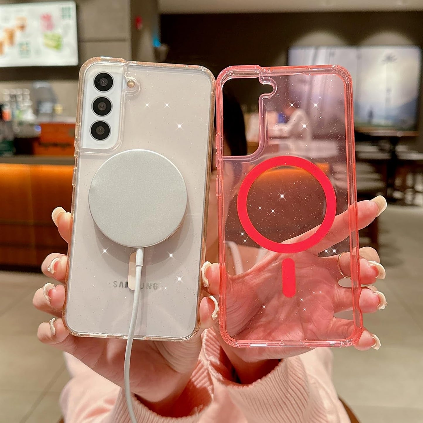 For Samsung Galaxy S22 plus Case Magnetic, Compatible with Magsafe, Clear Glitter Bling Sparkly Case for Women Anti-Yellowing Protective Hard Back Cover for Galaxy S22 plus 6.6" (Clear)