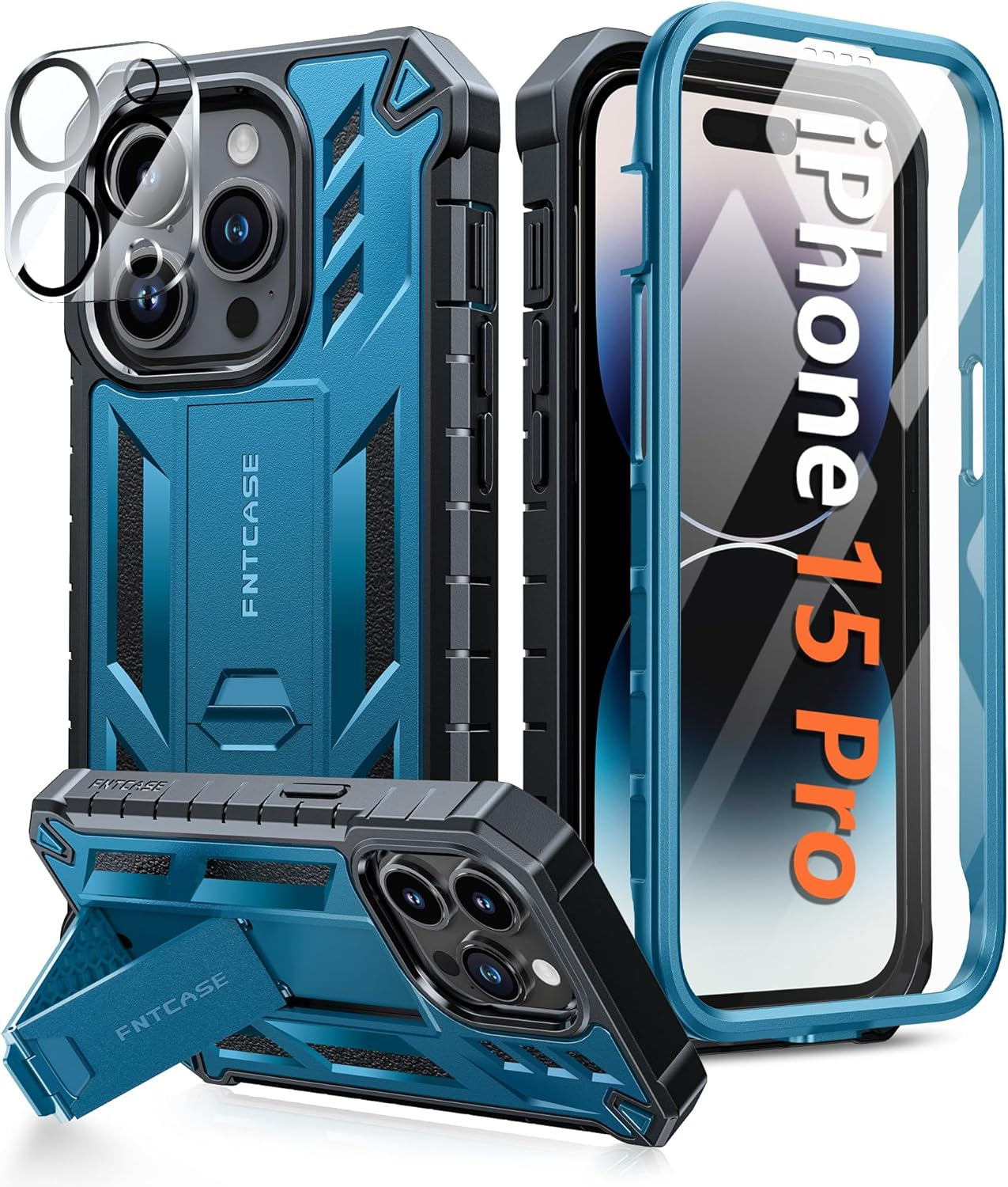 FNTCASE for Iphone 15 Pro Case: Military Grade Drop Proof Rugged Protective Cell Phone Cover with Kickstand & Built-In Protector | Matte Textured Shockproof TPU Hybrid Bumper Cases (Blue)  FNTCASE T-Blue  