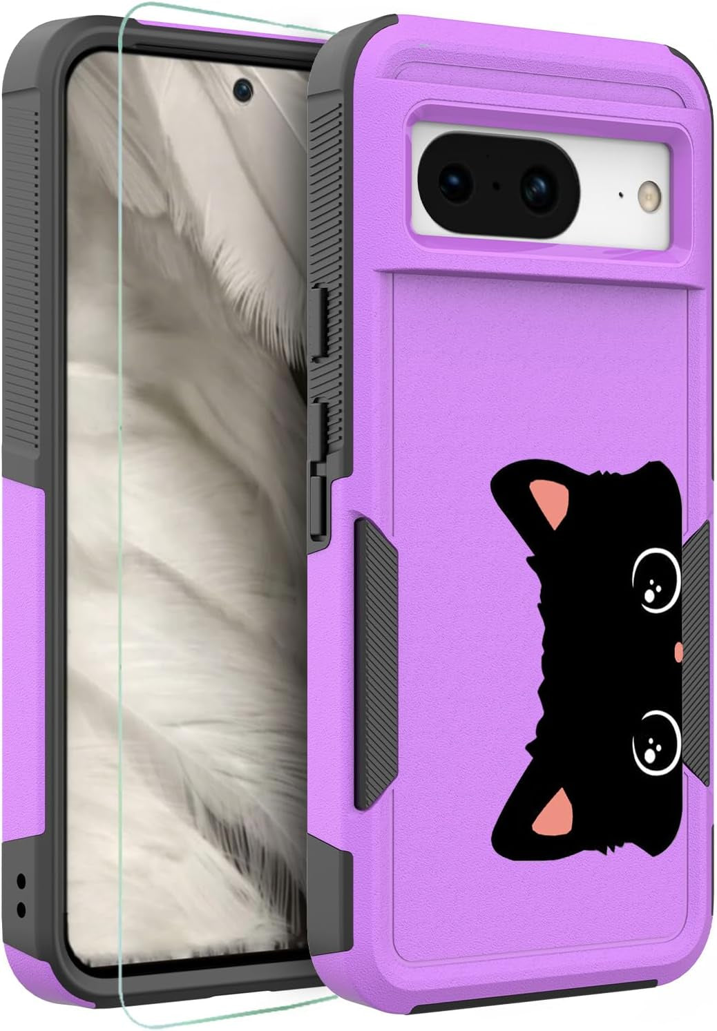 For Google Pixel 8 5G Case with Tempered Glass Screen Protector: Cute Flower Floral Design for Girls Women Slim Fit Soft TPU Bumper Silicone Cell Phone Cover (Funny Cat)  Ftonglogy Funny Cat  