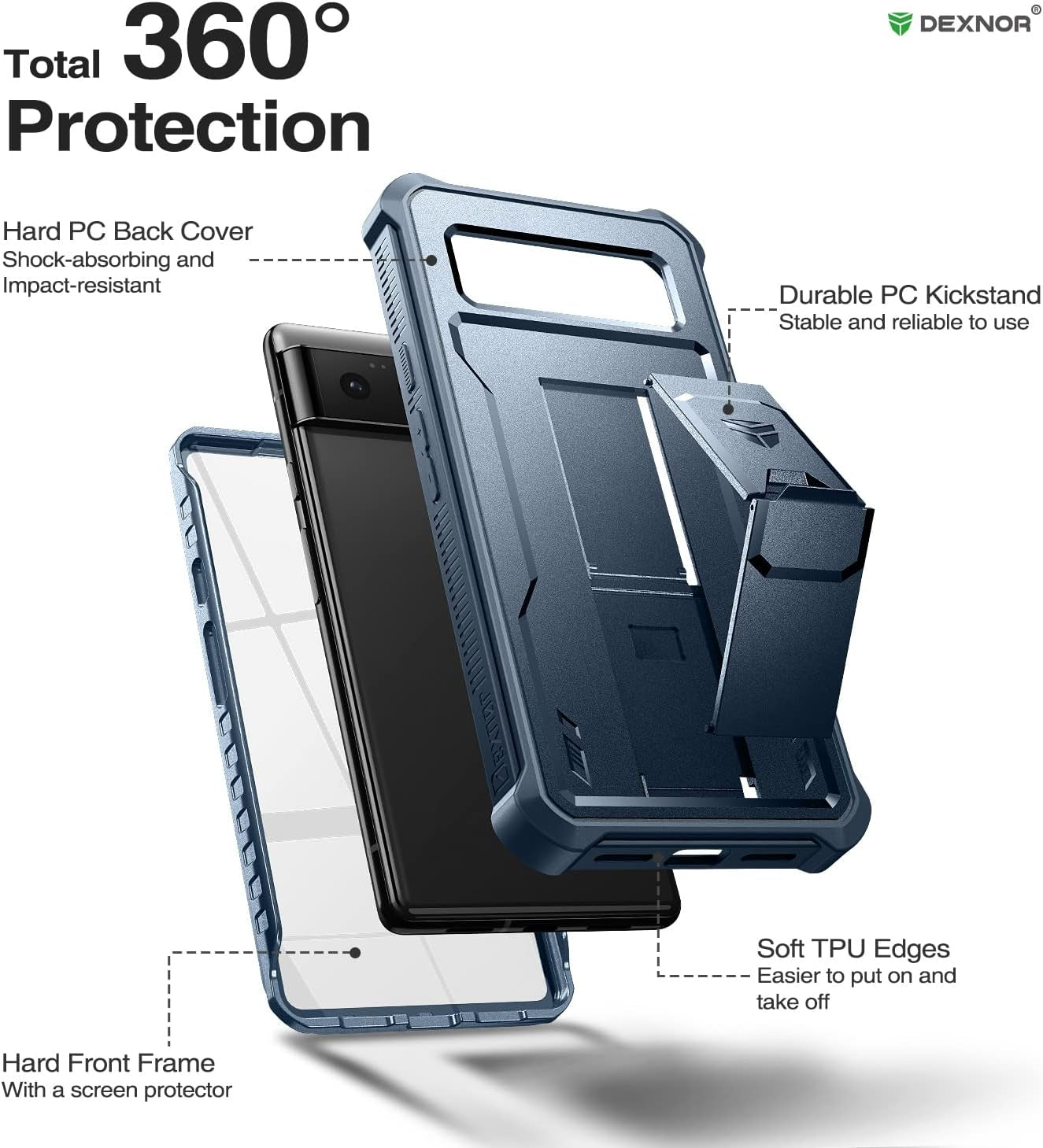 Dexnor for Google Pixel 6 Case, [Built in Screen Protector and Kickstand] Heavy Duty Military Grade Protection Shockproof Protective Cover for Google Pixel 6 5G (Navy Blue)  Dexnor   