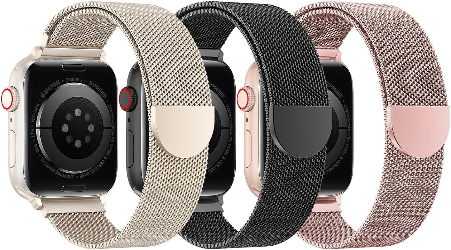 BELONGME 3 Pack Mesh Loop Compatible with Apple Watch Band 40Mm 41Mm 38Mm 42Mm 44Mm 45Mm 49Mm Series Ultra SE 9 8 7 6 5 4 3 2 1 Women Men, Stainless Steel Metal Strap Magnetic Clasp for Iwatch Bands