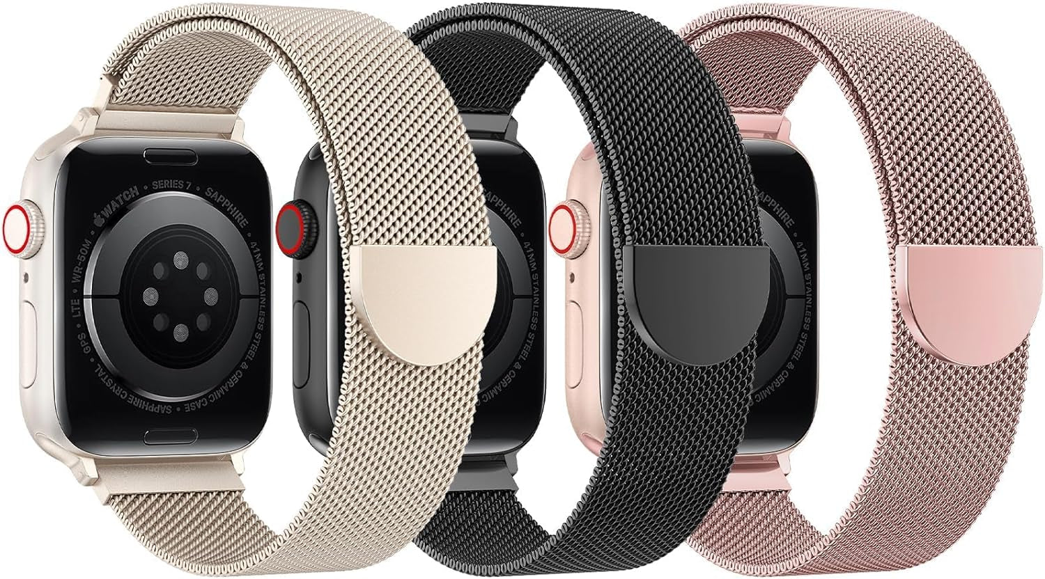 BELONGME 3 Pack Mesh Loop Compatible with Apple Watch Band 40Mm 41Mm 38Mm 42Mm 44Mm 45Mm 49Mm Series Ultra SE 9 8 7 6 5 4 3 2 1 Women Men, Stainless Steel Metal Strap Magnetic Clasp for Iwatch Bands