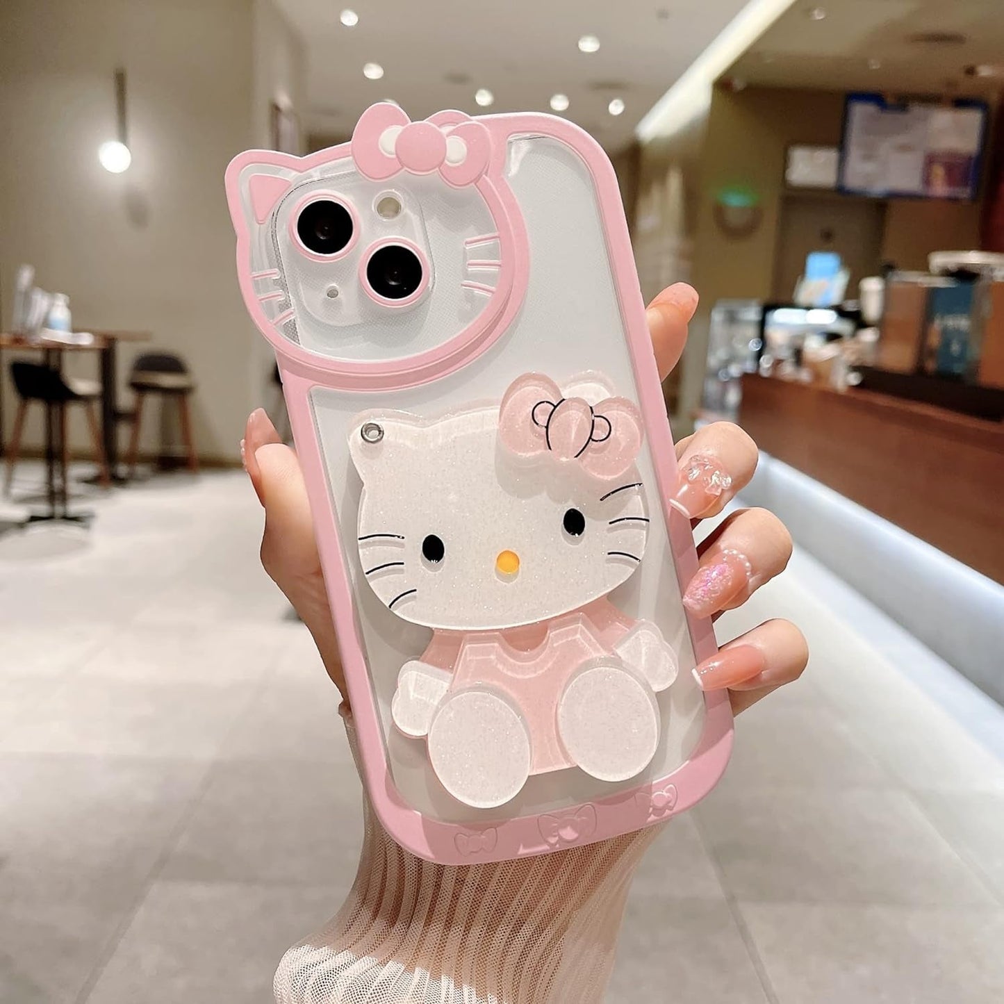 Olntun for Iphone 15 Pro Max Cute Cartoon Cat Case,3D Bow Kawaii Face Makeup Mirror Women Girls Kids Soft TPU Clear Protective Phone Cover Pink  Olntun   